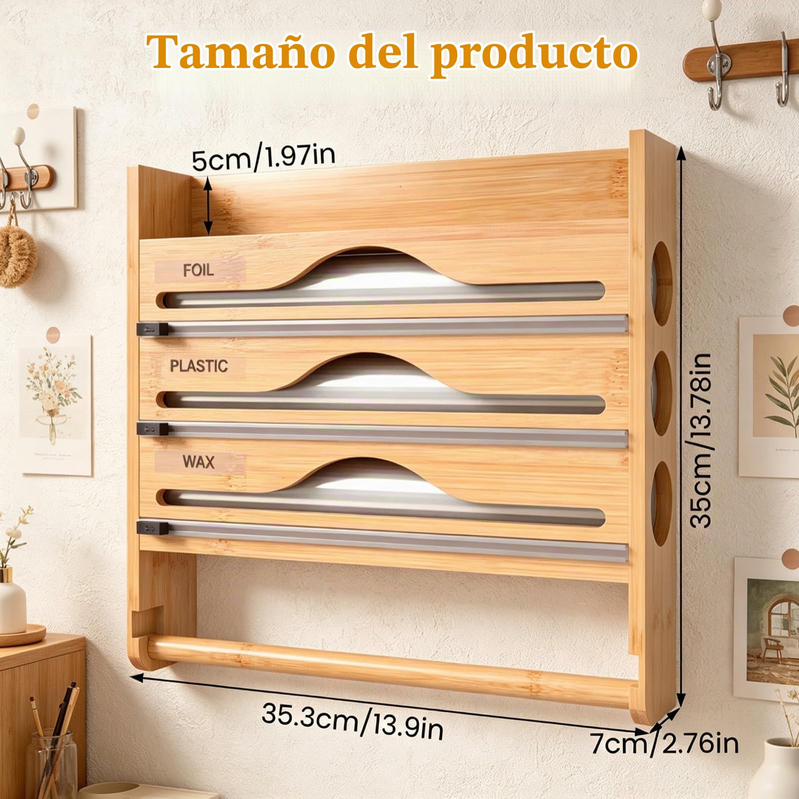 Dispensador Papel Aluminio y Film con Cortador, Portarrollos Cocina Pared 5 en 1 de Bambú, Organizador Film Transparente con Estante Especias