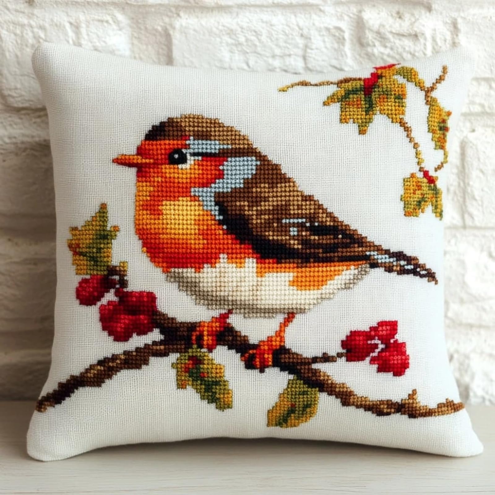 WallustrioaW Cross Stitch for Embroidery kit,Animal Robin,Fabric Throw Pillow Cushion Cover,45x45cm Cross-Stitching Embroider Needlework Kits