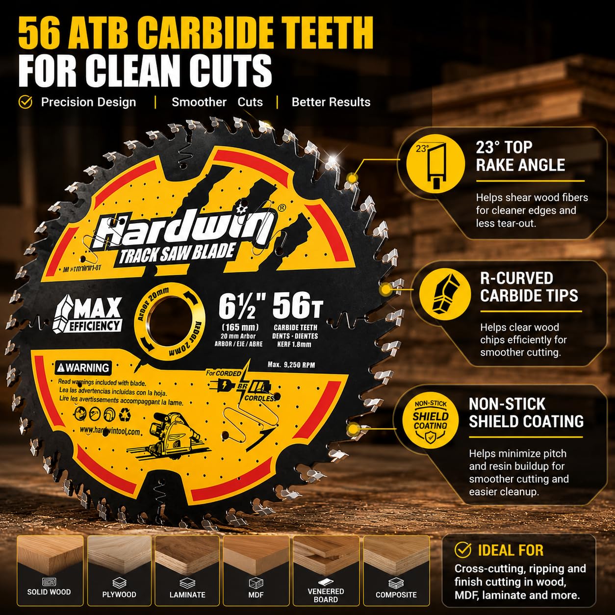 6-1/2" Track Saw Blade 56T 20mm Arbor Thin Kerf | Thin kerf 1.8mm carbide tipped blade for plunge & track saws. Clean cuts on wood, laminate, MDF & plywood.