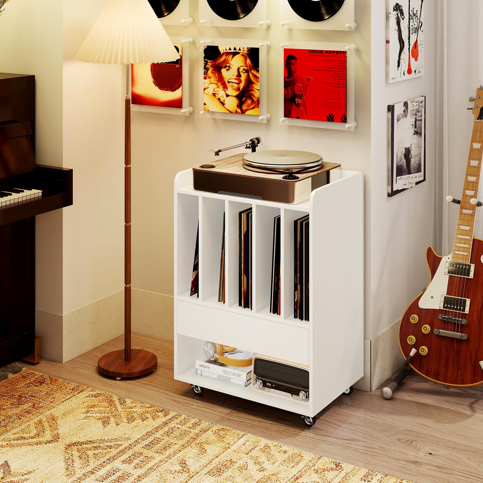 COSTWAY Mobile Porta Vinili con 4 Ruote Universali, Porta Dischi Vinile con Cassetto, Scomparto Aperto e Gancio Rimovibile, Mobile Giradischi Salvaspazio per Studio, Ufficio e Soggiorno (Bianco)