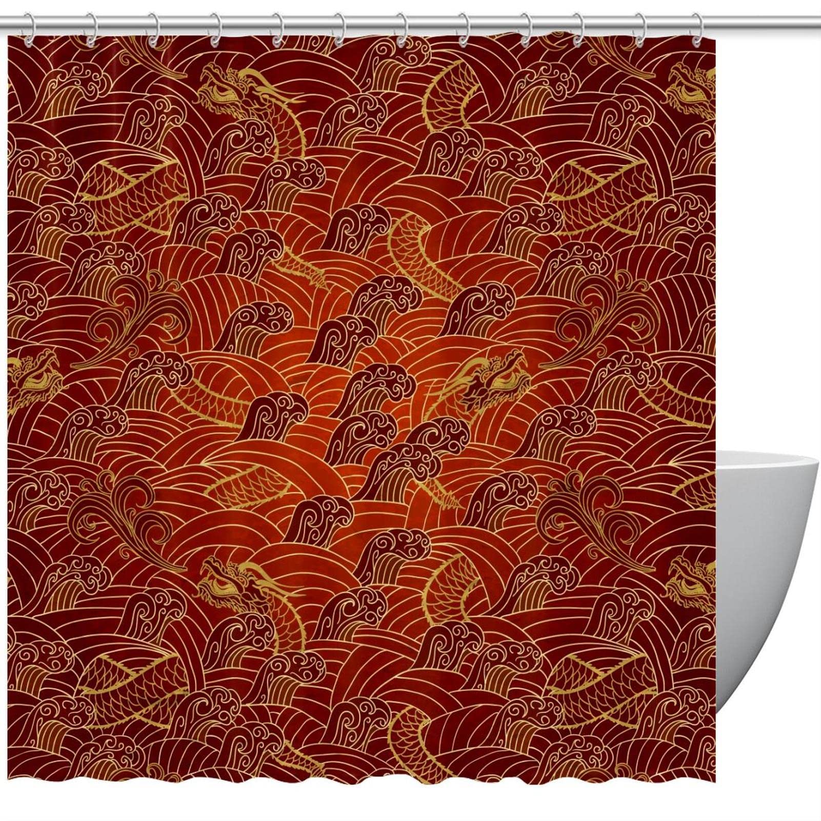 Rideau de douche Dragon Rouge 183 cm en textile haute densité durable