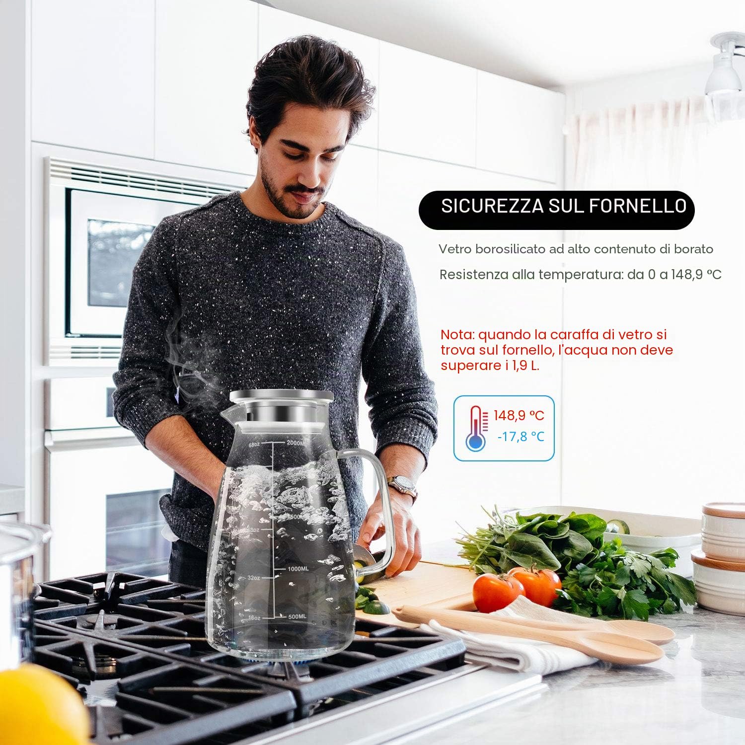 Caraffa in Vetro 2L Graduata Aofmee, Brocca con Coperchio Acciaio Inox 304, in Borosilicato, Caraffa Acqua per Frigorifero, Tè Freddo, Succo, Bevande