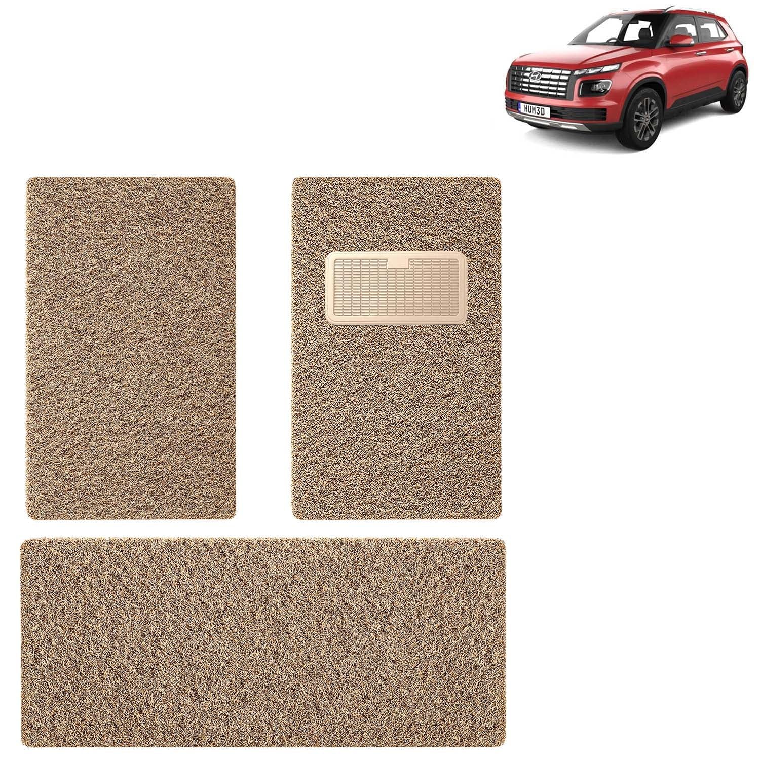 KINGSWAY Accessories Noodle Grass PVC Foot Mats Compatible with Hyundai Venue (Year 2022-2025) – 12mm Thickness Universal Fit Anti-Slip Car Floor Mats, Complete Set of 3 Pcs – Beige-Brown