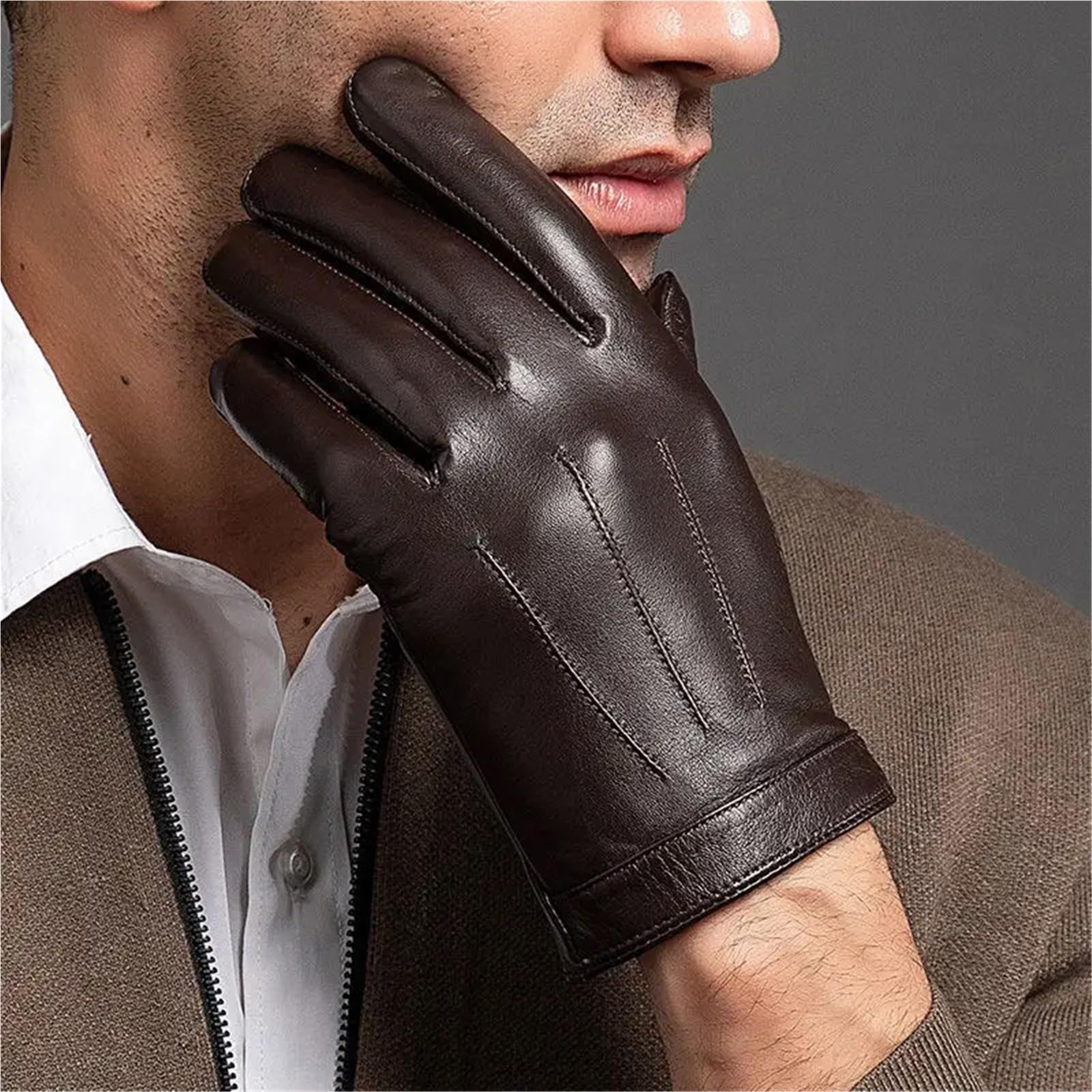 Guanti da guida in pelle Guanti in pelle invernali neri da motociclista, guida, lavoro, for uomo, con protezione al tocco, dita intere