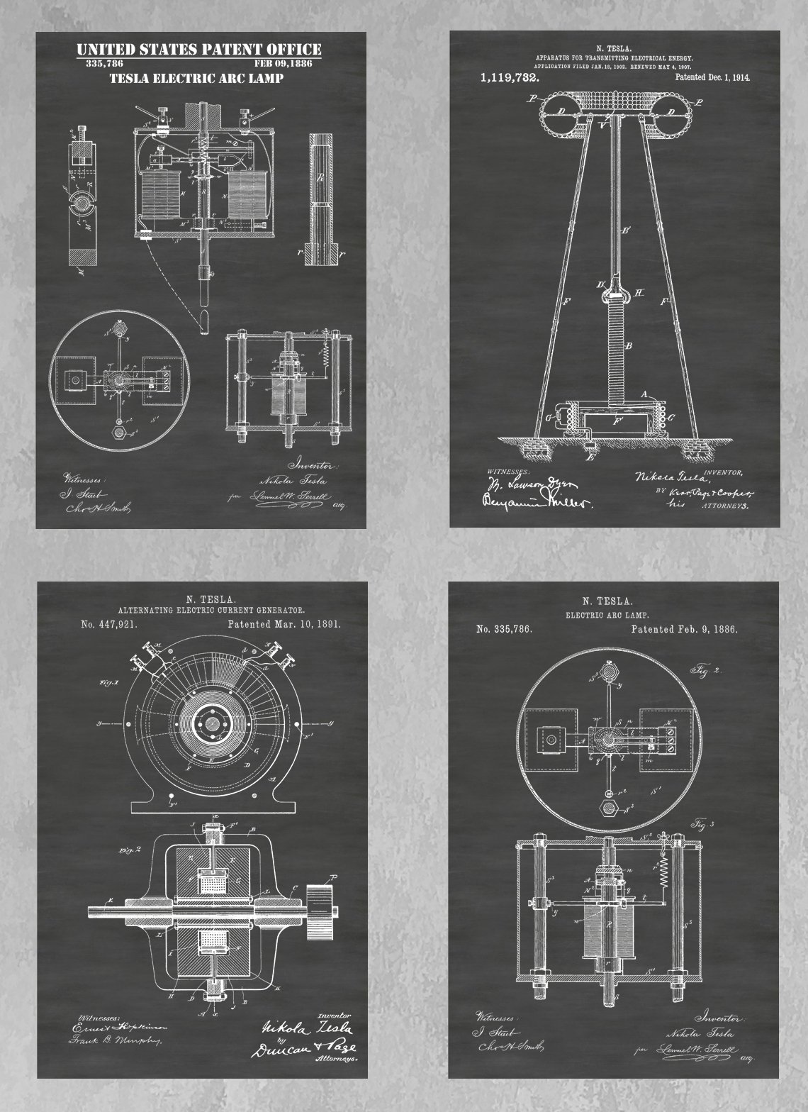 Nikola Tesla Electric Arc Lamp, Tesla Coil and A/C Alternating Current Generator: Set of Four Patent Print Art Posters: Choose From Multiple Size and Background Color Options