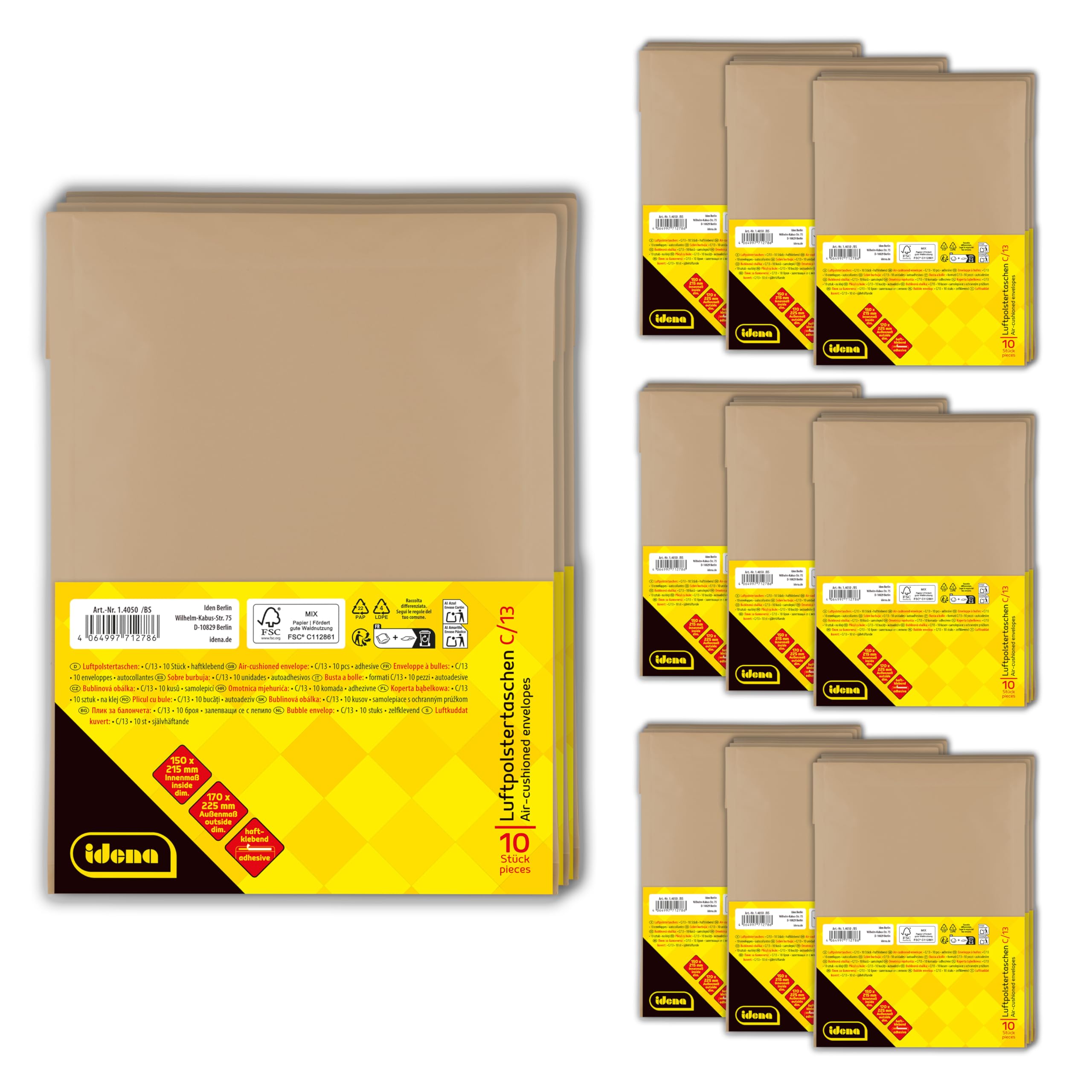 Idena 90577 - Enveloppes matelassées C/13, 100 pièces de 17 x 22,5 cm, enveloppes d'expédition autocollantes, enveloppes matelassées en papier FSC mixte, couleur marron