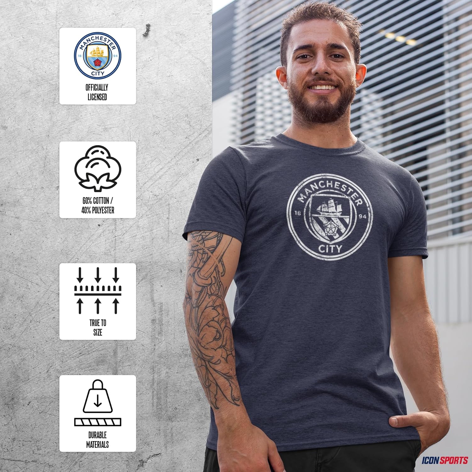 Icon Sports Manchester City T-Shirt – Official Men’s Adult Cotton Short Sleeve Man City FC World Soccer Football Club Casual Active Graphic Top Tee MC163CT-HGN L