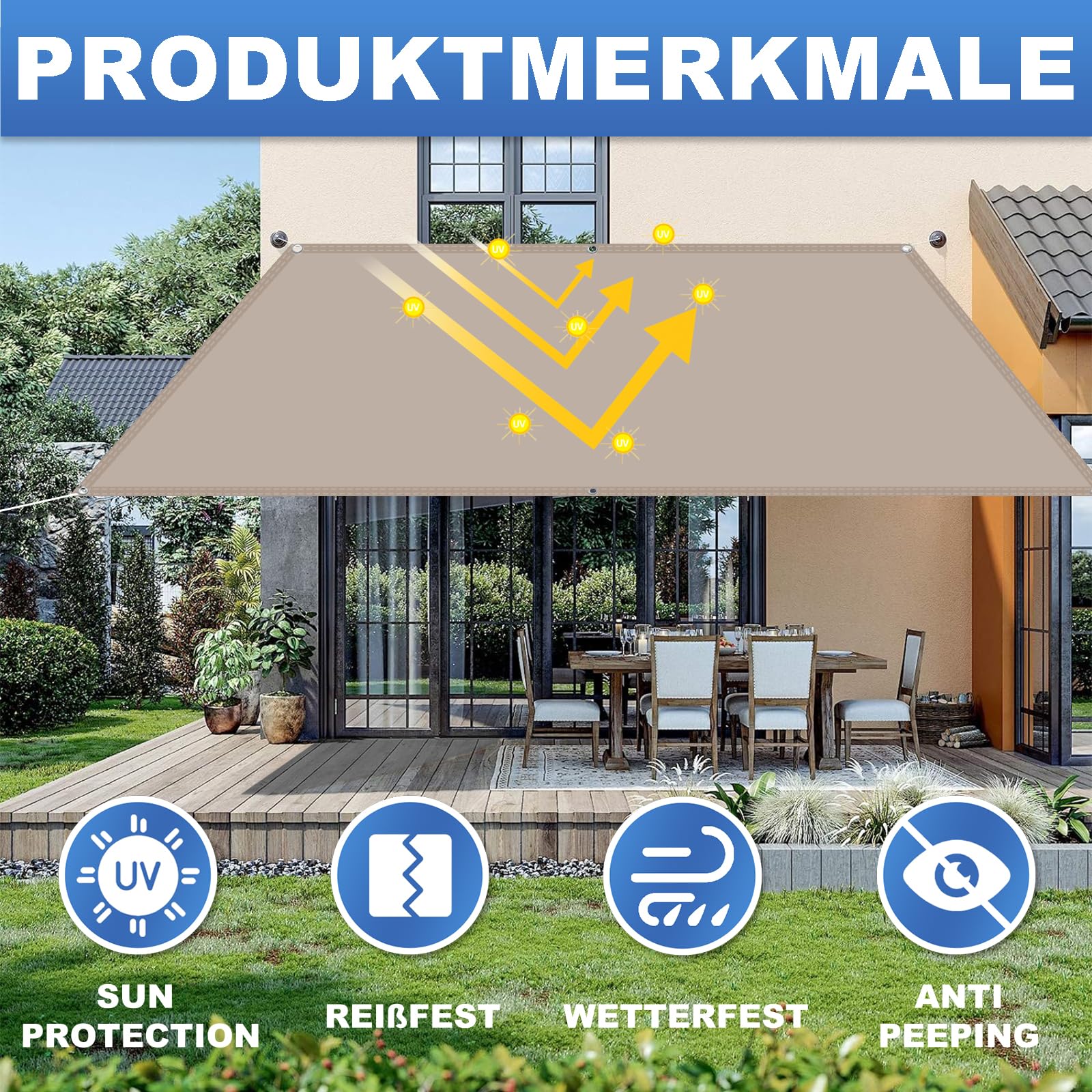 Voile d'ombrage rectangulaire avec œillets, en tissu 95 % de protection UV, résistant à la déchirure et aux intempéries, avec corde, pour balcon, terrasse, jardin, blanc, 3 x 3 m