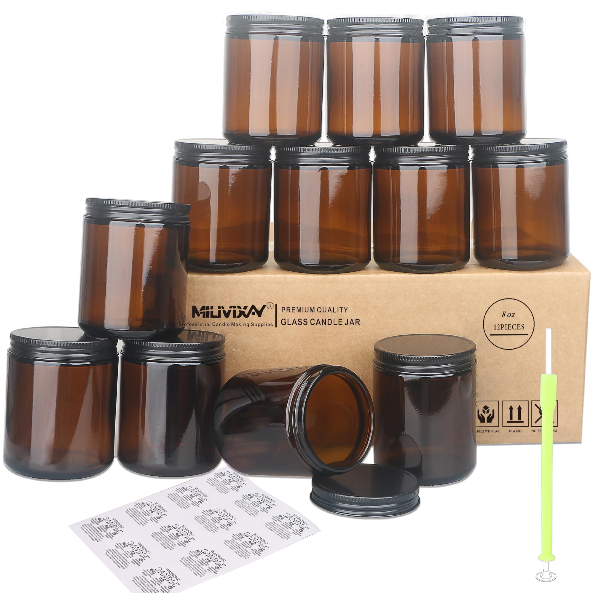 MILIVIXAY 12 Pack 250mL Thick Glass Dark Amber Candle Jars with All Black Metal Lids-Bulk Empty Candle Jars for Making Candles-Canning Jar for Spice Liquid