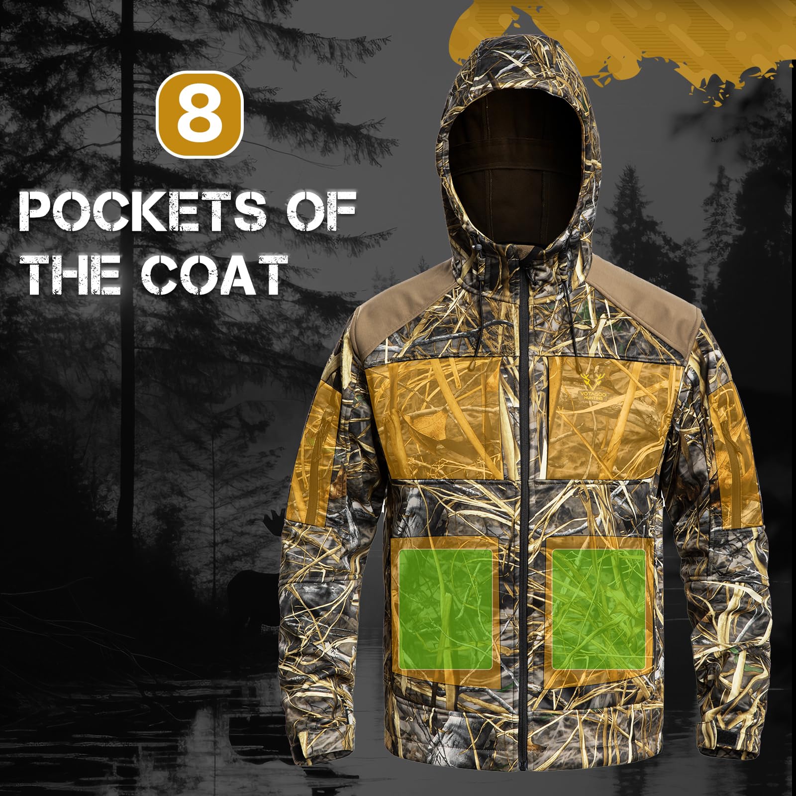 VOTAGOO Giacca da caccia silenziosa Softshell foderato in pile mimetico abbigliamento abbigliamento abbigliamento con cappuccio cappotto per uomo