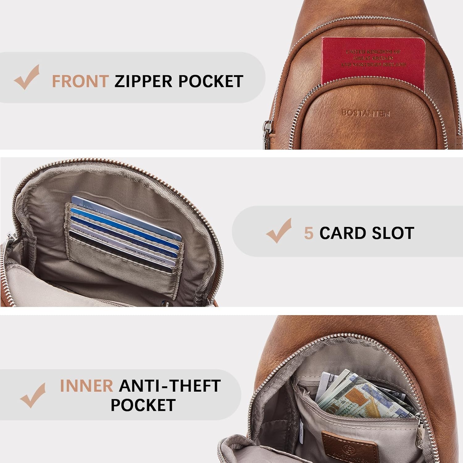 BOSTANTEN Sling Bag for Women Leather Crossbody Bag Vintage Cross Body Purse for Travel with Guitar Strap, Bohemian Style - Image 4