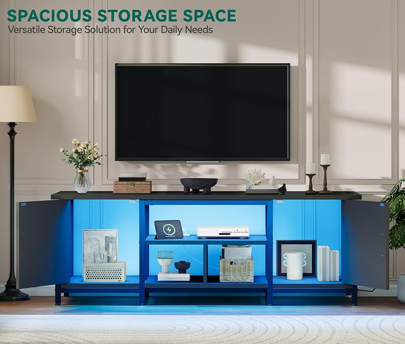 YITAHOME Farmhouse TV Stand with LED Lights & Charging Station, Black image 4