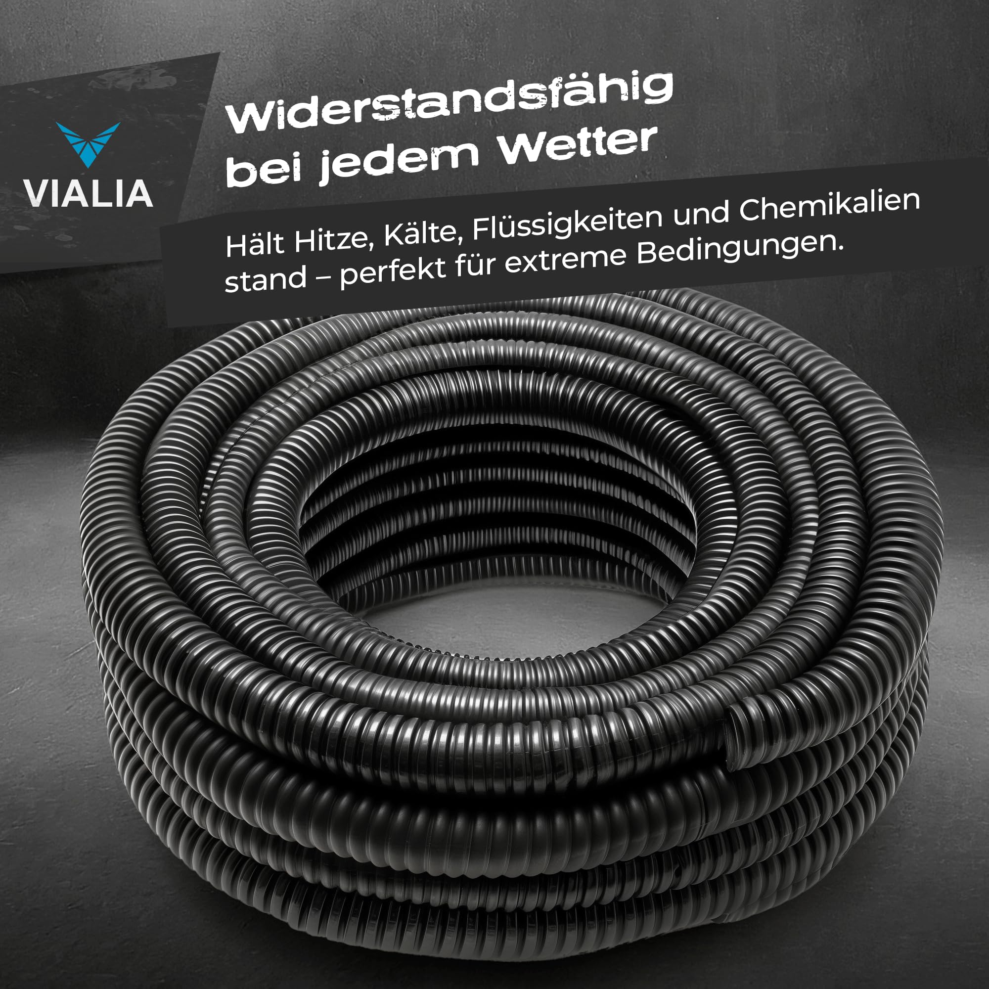 Kabelschutzschlauch ungeschlitzt 25m x 6,6mm, Flexibles und UV-beständiges Wellrohr aus Polypropylen, stabil und biegfest, Temperaturbereich -40°C bis 130°C, schwarz