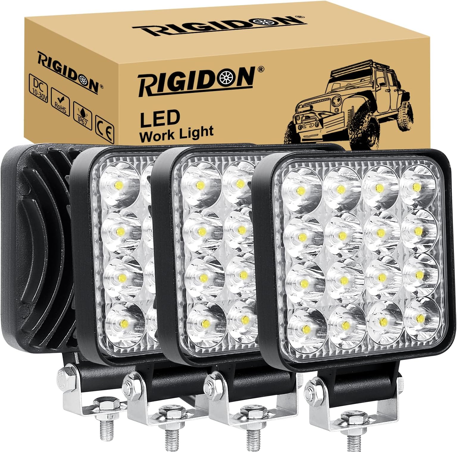 RIGIDON 4 Pcs Square Mini Ultr Thin Led Work Light, 3.3 inch 48W Spot Beam, 12V 24V Outdoor Driving Lights Lamp for Car Off road Boat Truck 4x4 SUV ATV Tractors Excavator, 6000K White, Fog Lamp