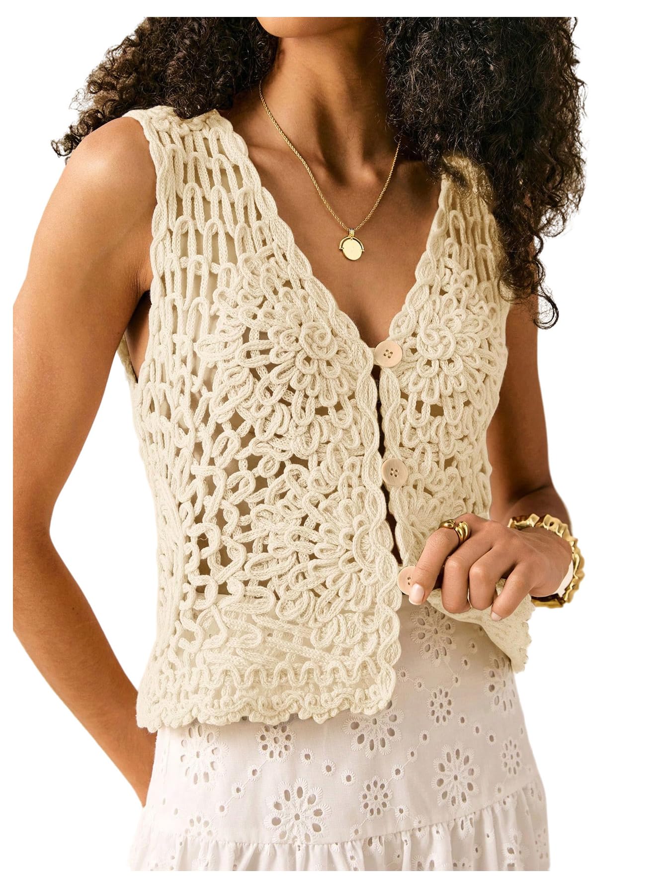 sweatyrocks Women's Summer Button Up Crochet Tank Tops Boho Hollow Out V Neck Sweater Vest-picture-39