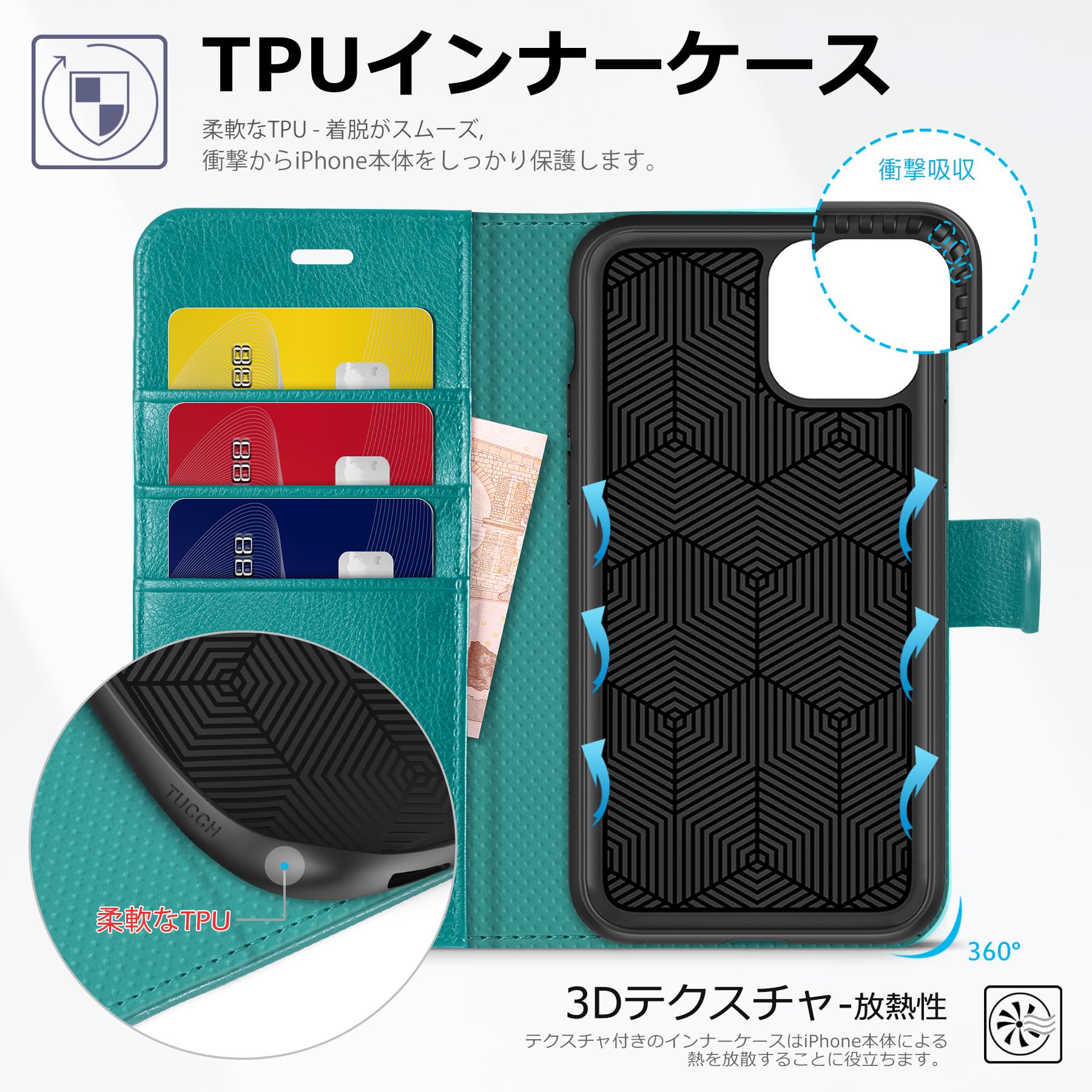 Amazon.co.jp: TUCCH iPhone 11 対応 ケース手帳型 6.1インチ シアン