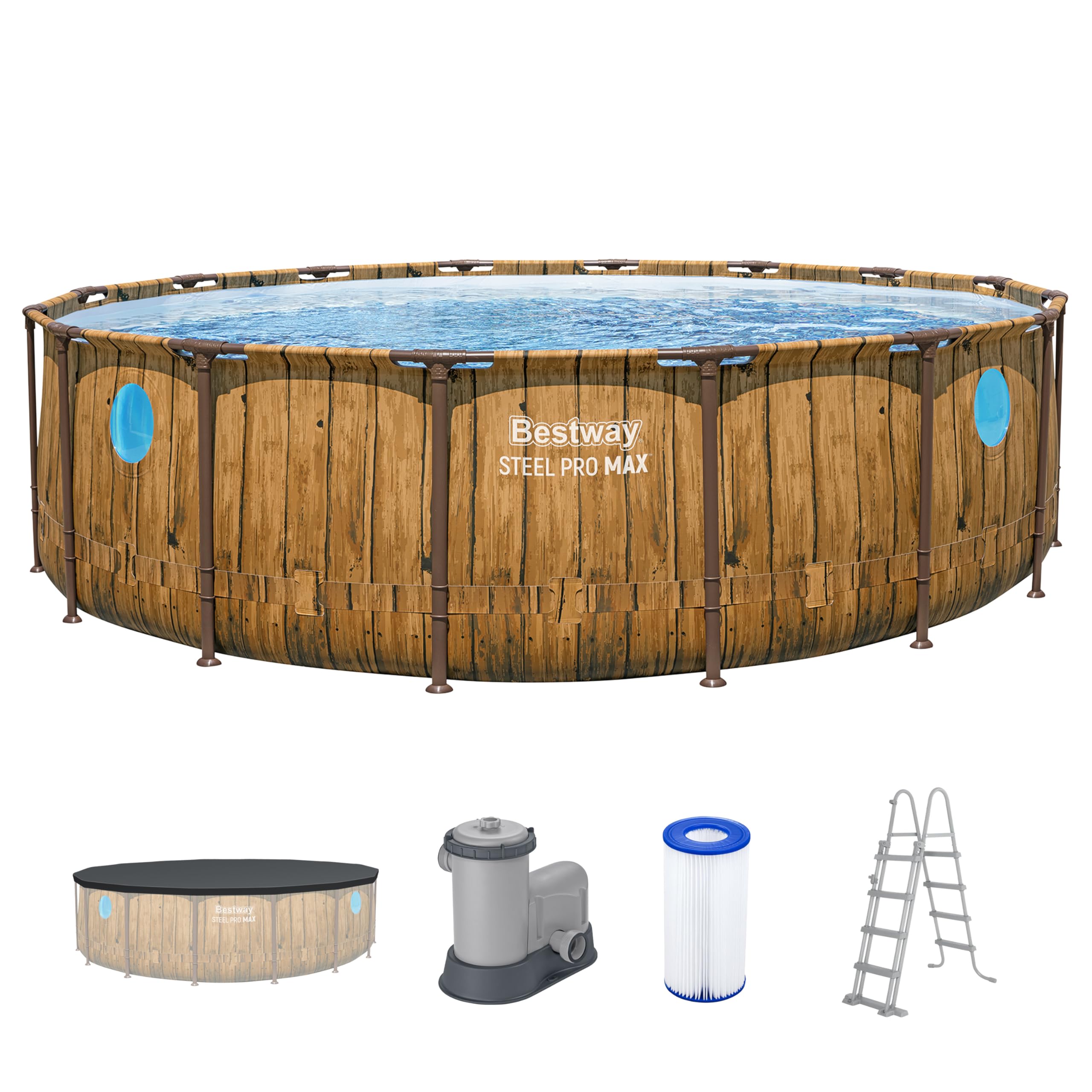 Bestway Steel Pro MAX Splashview Frame Pool Komplett-Set mit Filterpumpe Ø 488 x 122 cm, Holz-Optik (Pinie), rund