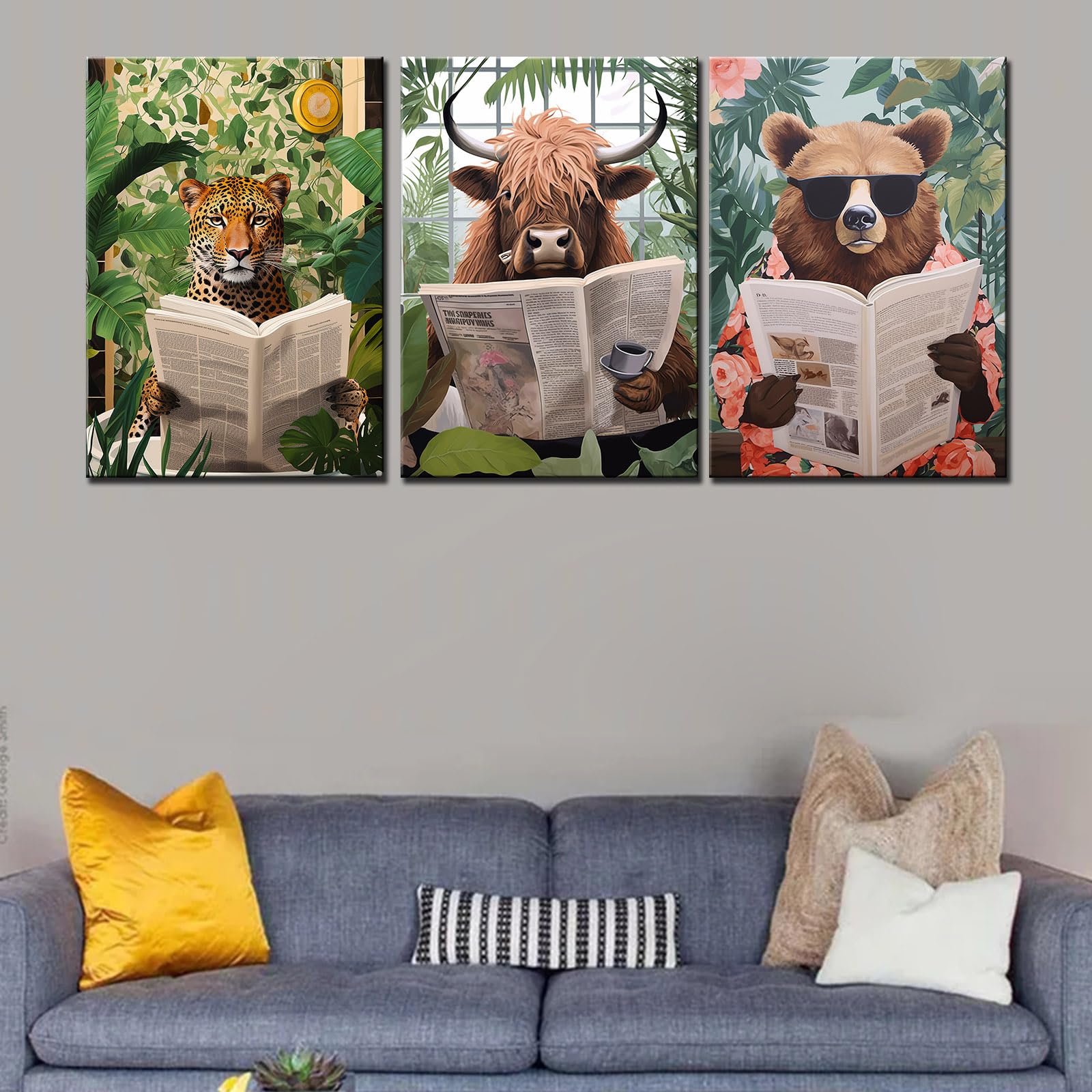 Jungle Bathroom Animal Home Decorations for Living Room Lovely Pictures Cattle Bear Leopard Paintings 3 Pcs Canvas Leaves Art Bathtub Ainmal Artwork Framed Gallery-wrapped Ready to Hang 42''Wx20''H - Image 4