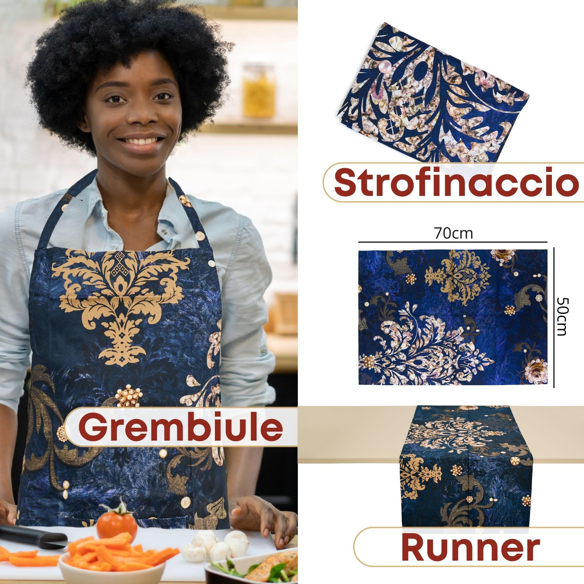 NAMAI - Set 8 Pezzi Danubio Blu, 100% Cotone, Lavabili in Lavatrice, Resistenti al Calore, Tovaglia Cotone 160x300, Runner Tavolo, Set Presine da Cucina e Strofinacci (Set Con Tovaglia 160x300)