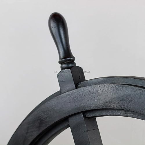 Miniatura 5 de Nagina International Rueda de barco negro mate de alta calidad, espejo de ojo de buey de aluminio, regalo de decoración del hogar de Captain