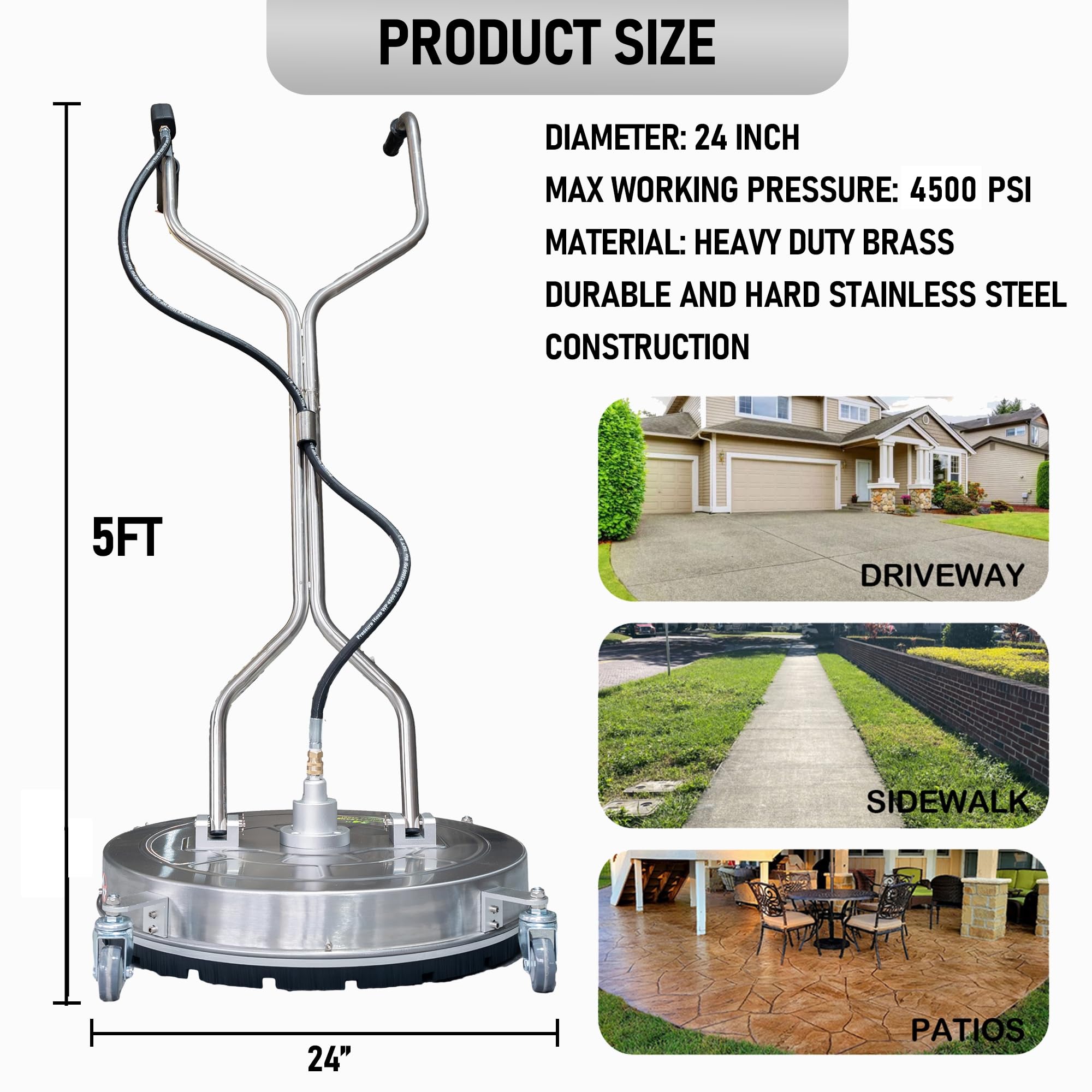 Hourleey Pulitore per superfici idropulitrice da 61 cm, con doppie maniglie, in acciaio inox, con 4 ruote per vialetti, vialetti, marciapiedi, terrazze, 4500 PSI con kit di connettori rapidi da 3/8"