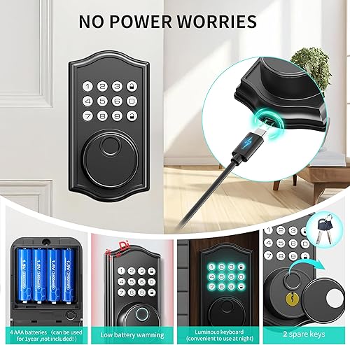 Miniatura 6 de Cerradura de puerta de entrada sin llave con asa, cerraduras inteligentes de huellas dactilares para puerta delantera, cerrojo de teclado digital