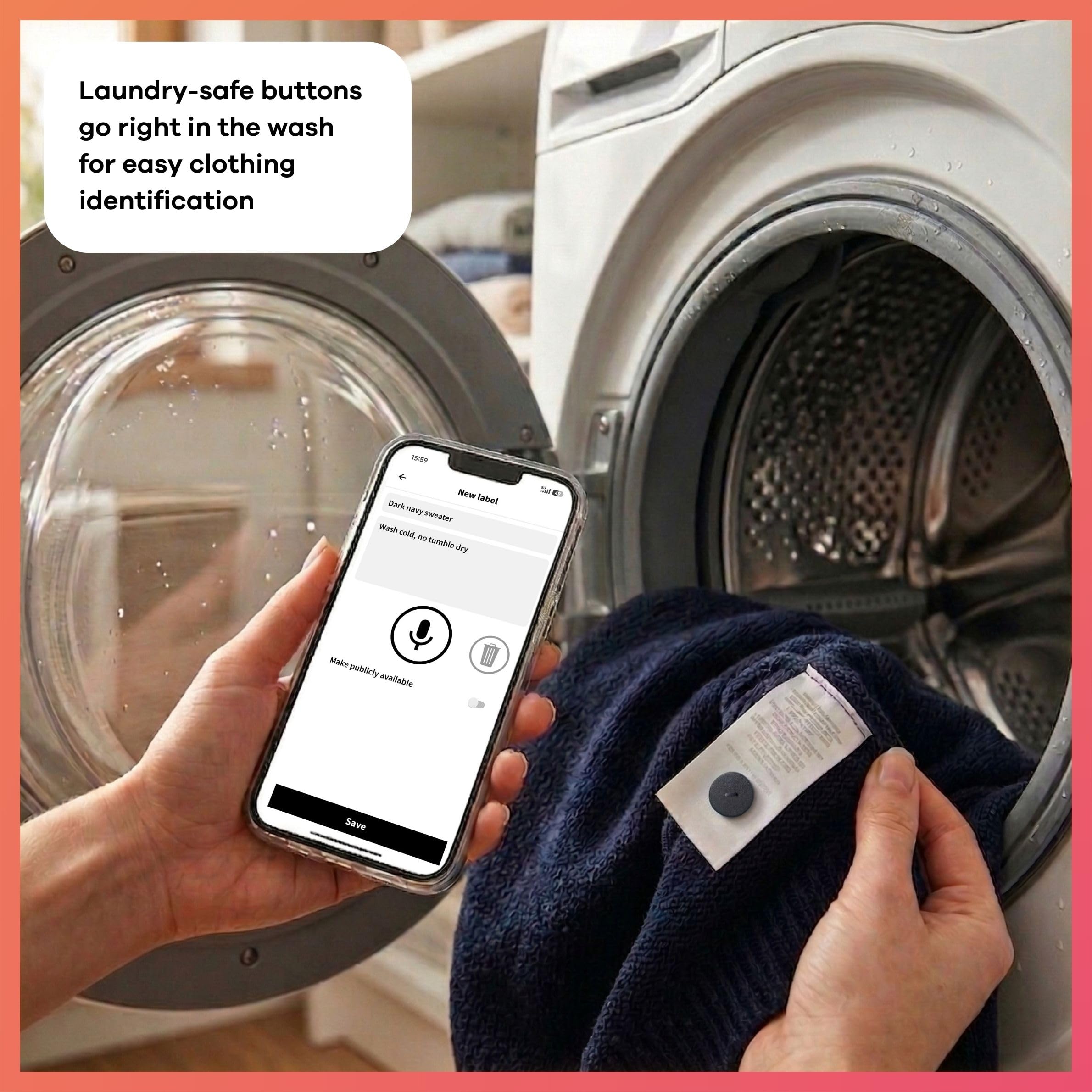 Bottoni per bucato NFC (25 pezzi) – Etichette vocali da cucire per vestiti – Istruzioni per la cura e ascoltare gli abiti – Strumenti per non vedenti e ipovedenti – Lavabile in lavatrice