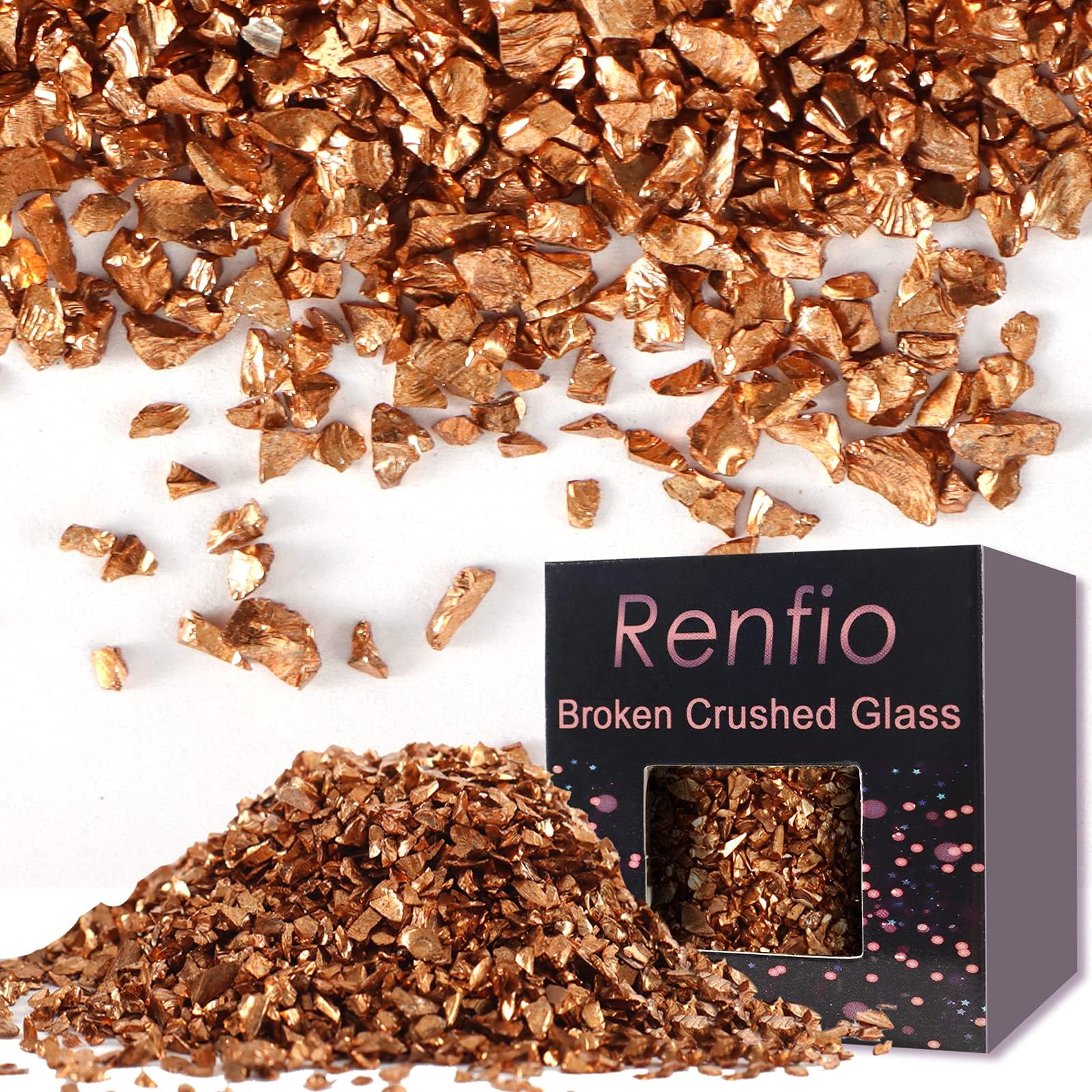 Renfio Broken Crushed Glass Glitter Shards Crush 2-4mm Irregular Small Metallic Chunky Chips 3.5 Oz (100g) High Luster Craft Sequins Gravel for DIY Phone Case Geode Art Coasters Ornament - Deep Brown