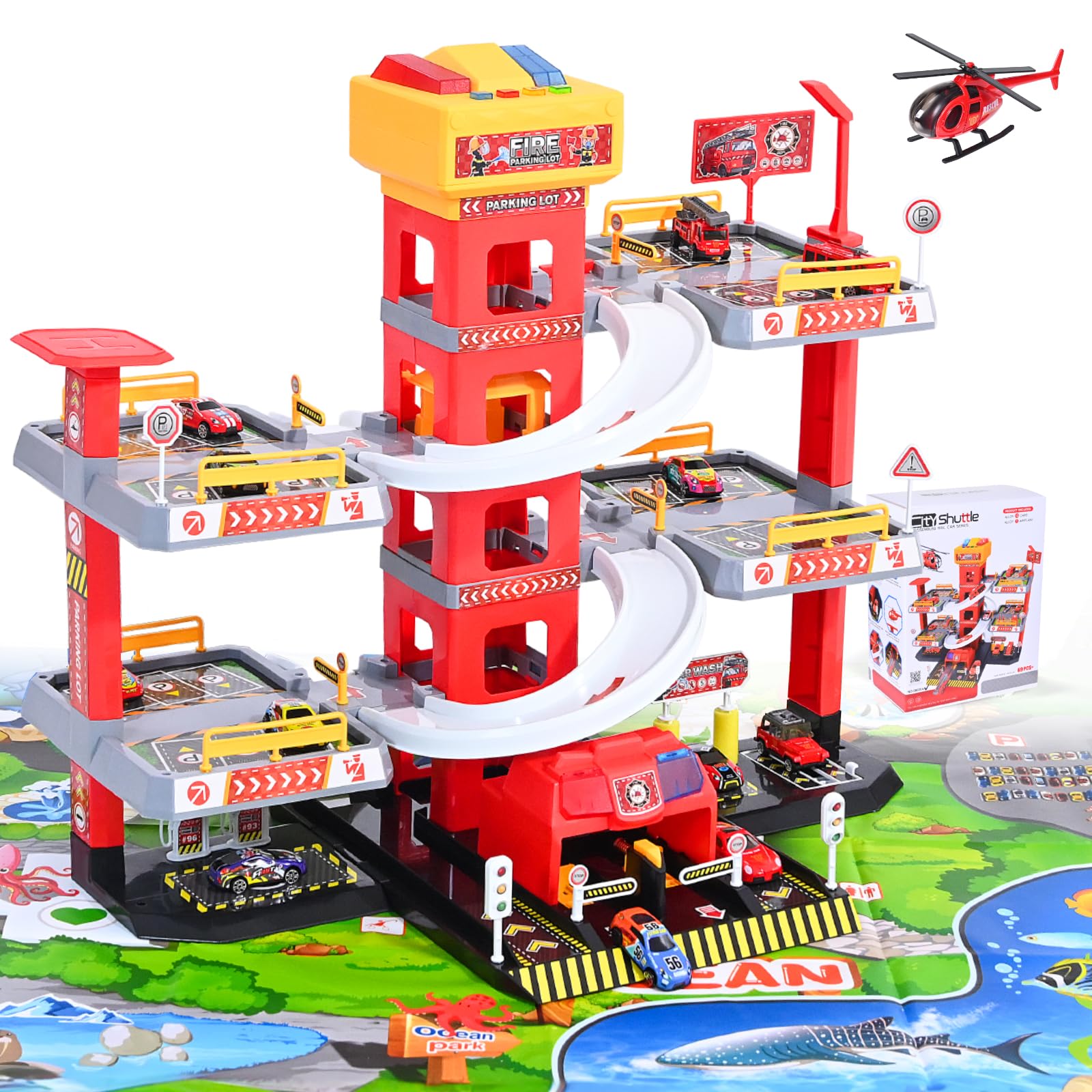 Kit de jeu de parking à 5 étages pour enfants de 3 ans avec ascenseur de stationnement inclus, grand parking jouet avec 12 voitures et 1 avion, comme cadeau pour les enfants à partir de trois ans