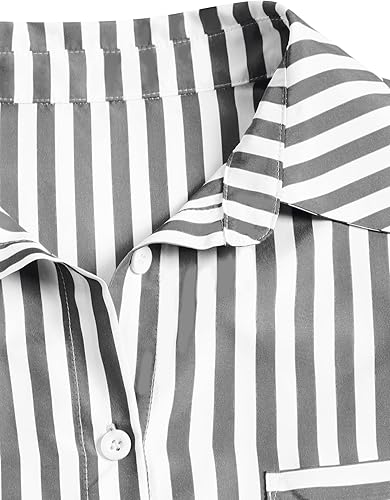 Miniatura 6 de ZAFUL Camisas a rayas con botones para mujer, manga larga, elegante, cuello en V, blusas con bolsillos