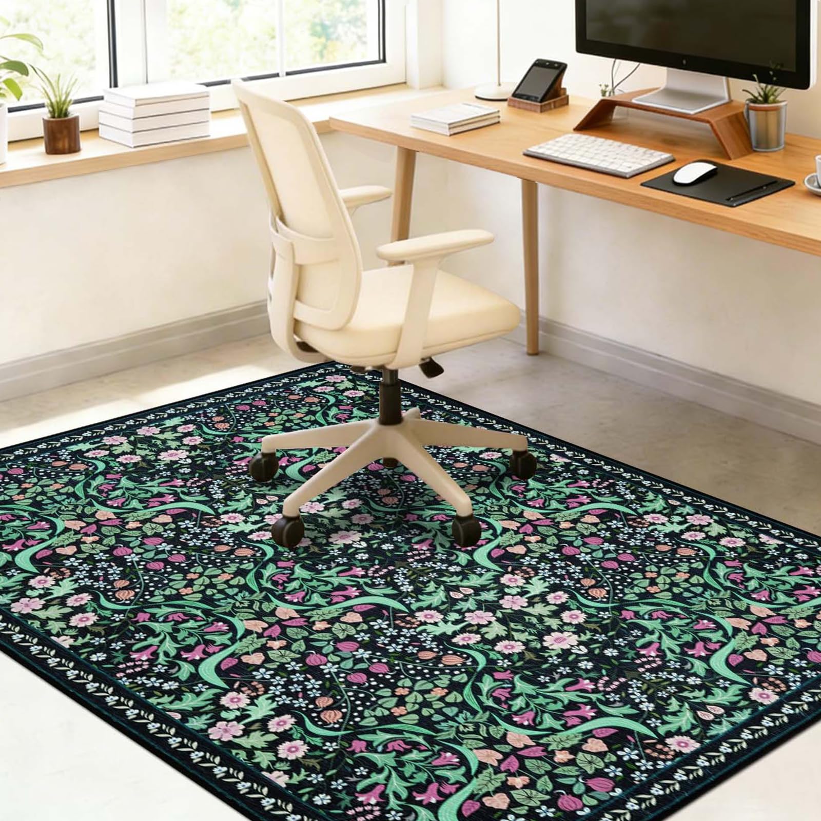 Famibay Protector Suelo Silla Ruedas 120x150cm Alfombra Silla Escritorio Antideslizante Alfombra Protectora Suelo para Silla de Oficina Lavable para Suelo Duro Baldosas Rosa Floral