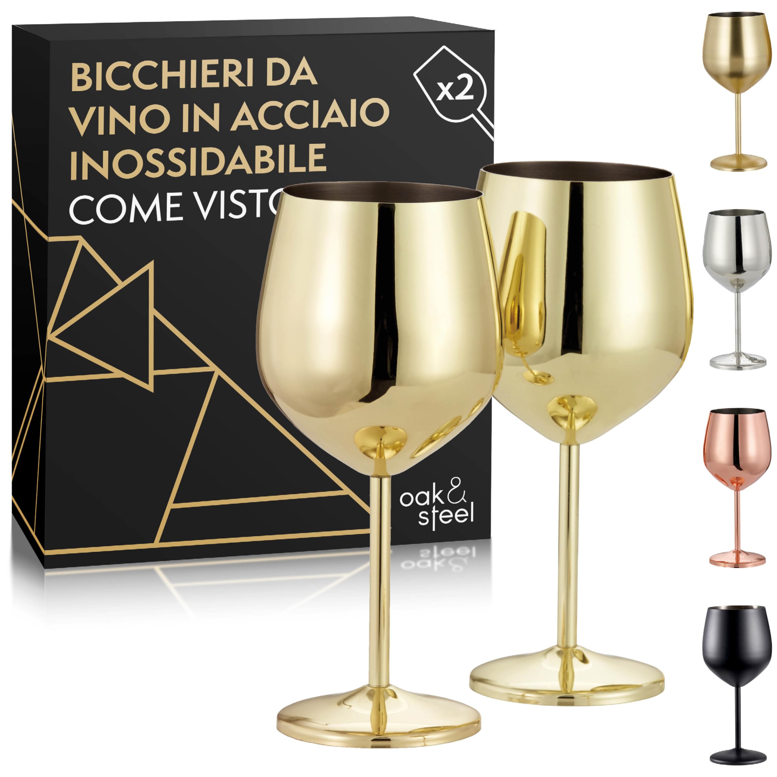 Oak And Steel - 2 Calici Da Vino In Oro, 520ml - Calici Da Vino In Acciaio Inox Con Scatola Regalo