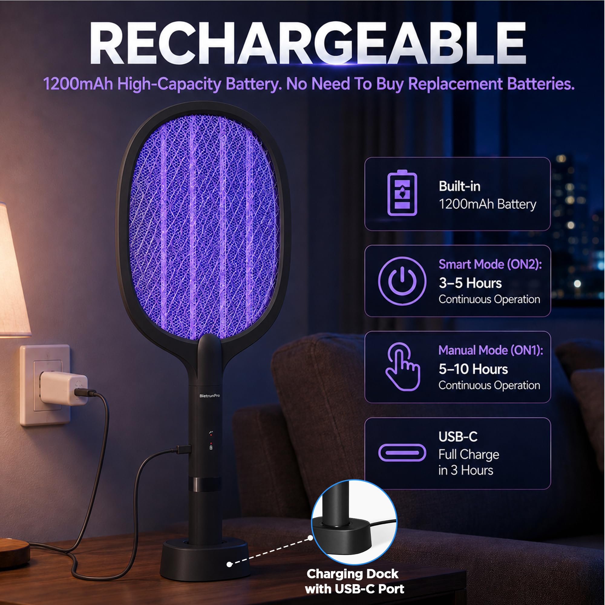 Matamoscas eléctrica (paquete de 2) raqueta matamoscas eléctrica recargable por USB-C, portátil, inalámbrica, para matar mosquitos, avispas, mosquitos, moscas, insectos, con soporte