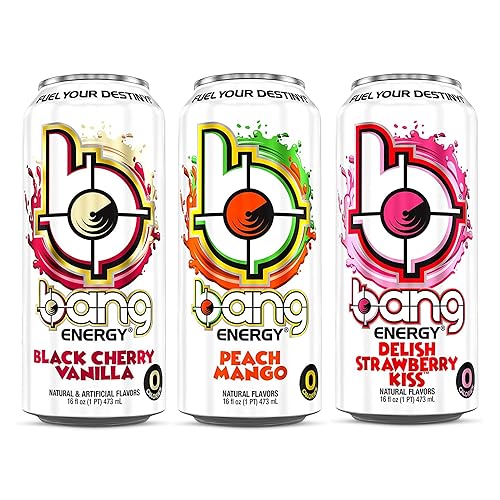 Bang Energy Paquetes variados de 3 sabores, 12 latas (cereza negra, vainilla, melocotón, mango, piña, coloda)