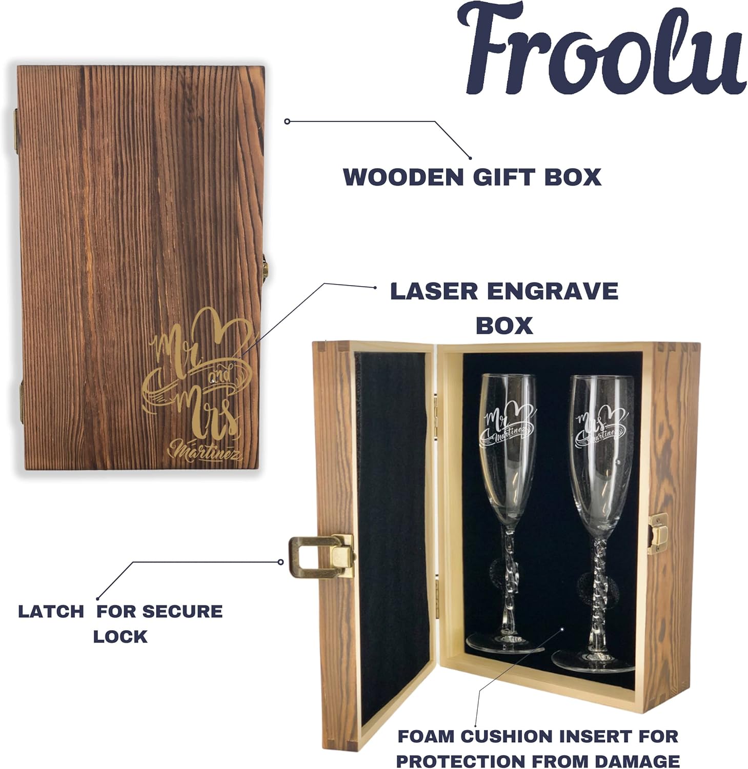 Froolu Mr and Mrs Champagne Flutes Set with Engraved Wooden Box – Elegant Wedding Toasting Glasses – Gift for Bride and Groom, Aniversary Engagement (Glass + Box, Design #1)