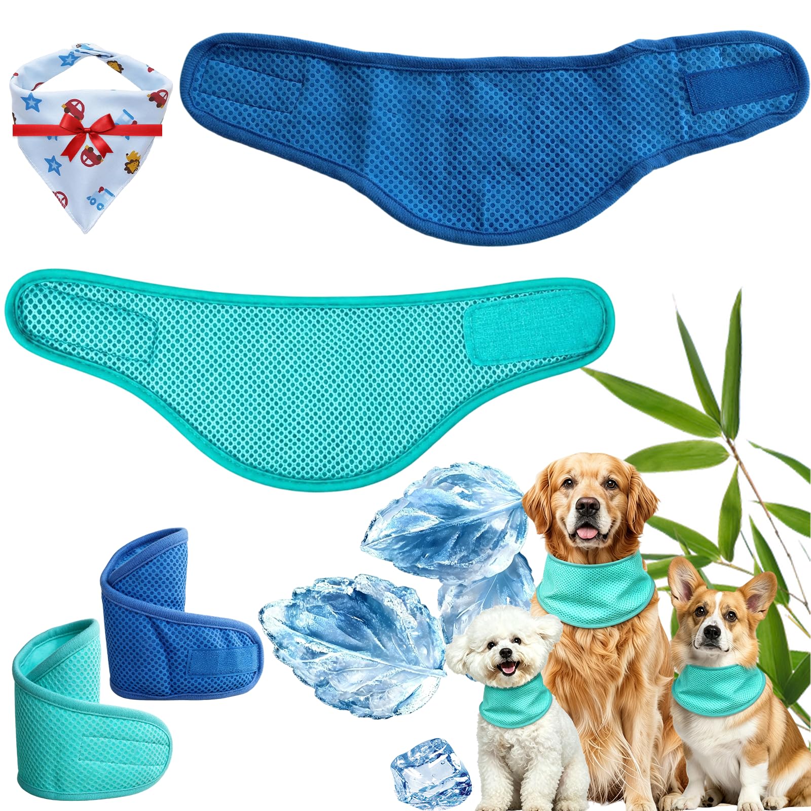 Dog Cooling Bandana, Breathable Mesh Summer Dog Cooling Collar For Medium Dogs Puppies, Instant Chill Self-Cooling Adjustable Pet Scarf Collar For Summer Outdoor Walks (Blue+Green, S:19-30CM)