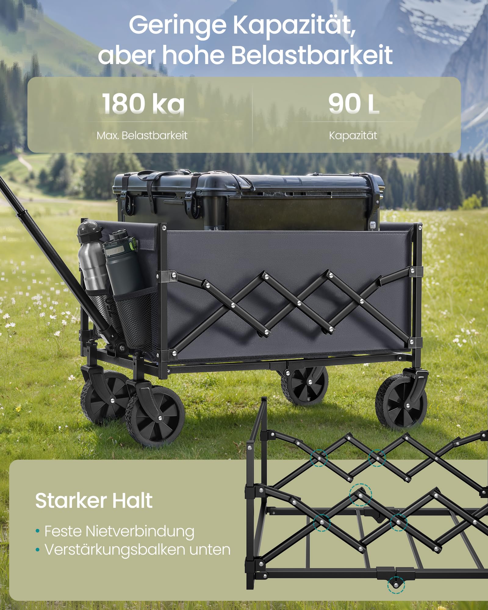 SONGMICS Kleiner Handwagen faltbar, Gartenwagen, kompakt, mit Griff, mit 4 verstärkten Rollen, Davon 2 Universalräder, bis 180 kg belastbar, Outdoor, Garten, 90 L, schiefergrau GFW909G01