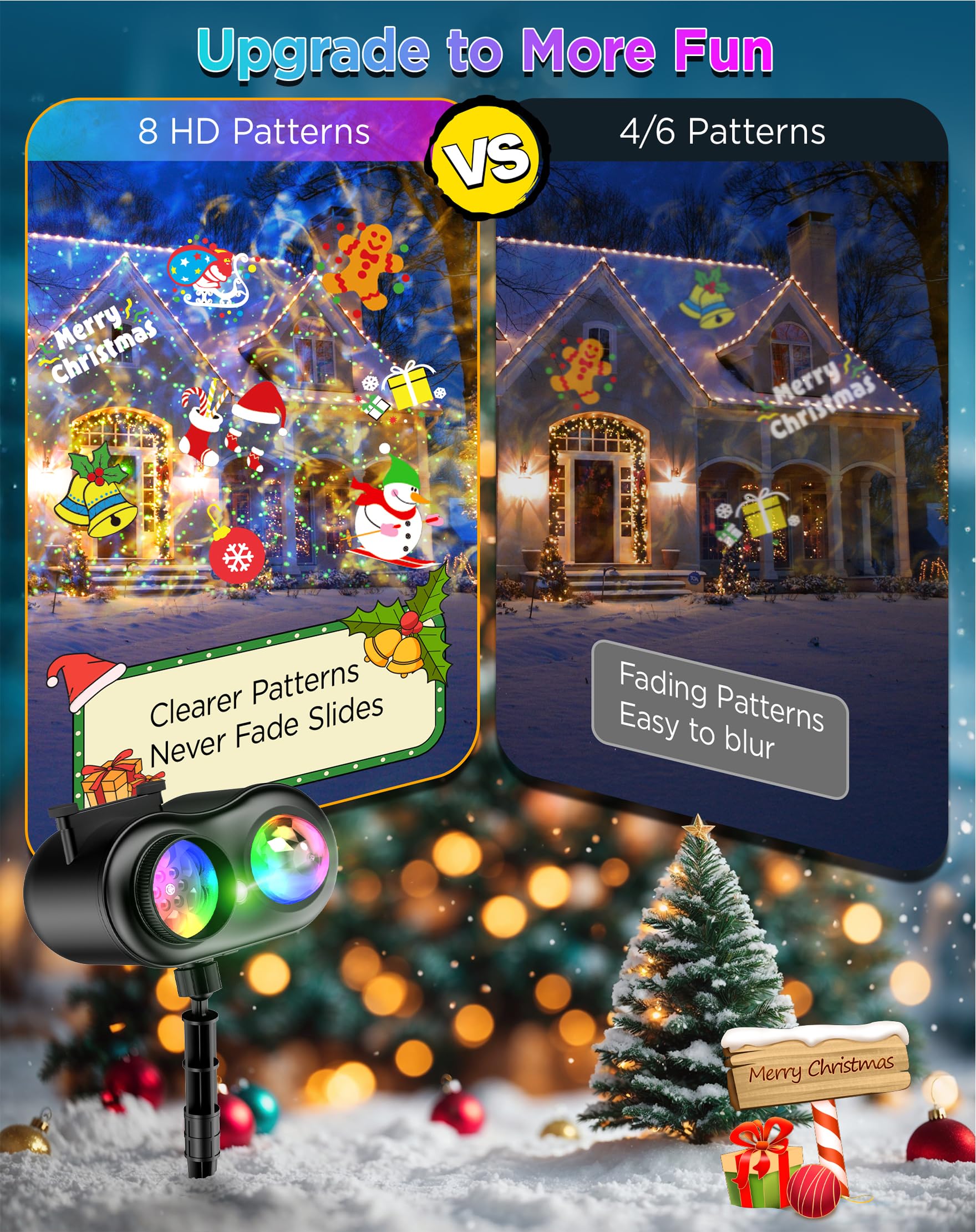 Weihnachtsprojektor Lichter Außen Wasserdicht, 20 Folien & 8 Helle HD Muster, Glühwürmchen & Ozeanwellen-Effekte, Timer Schneeflocke Lichtprojektor für Haus Hof Xmas Neujahr Valentinstag Thanksgiving