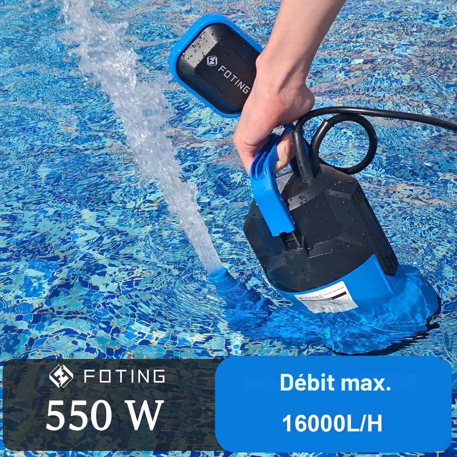 Pompe d'évacuation eaux chargées, 550W, Débit 16000L/H, Hauteur de refoulement max: 8m, Profondeur d’immersion max: 7m, Taille Particules Max 35 mm, Pompe à eau Submersible avec Interrupteur Flottant