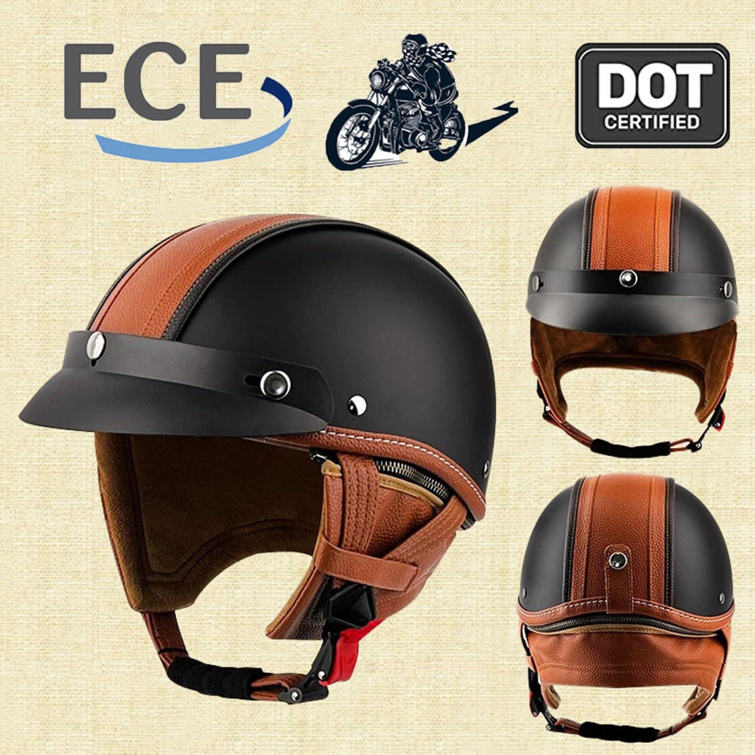 Niemiecki kask motocyklowy w stylu vintage, zatwierdzony przez DOTECE, skórzany kask motocyklowy dla dorosłych z otwartą twarzą, w stylu Retro Vintage, motocyklowy kask