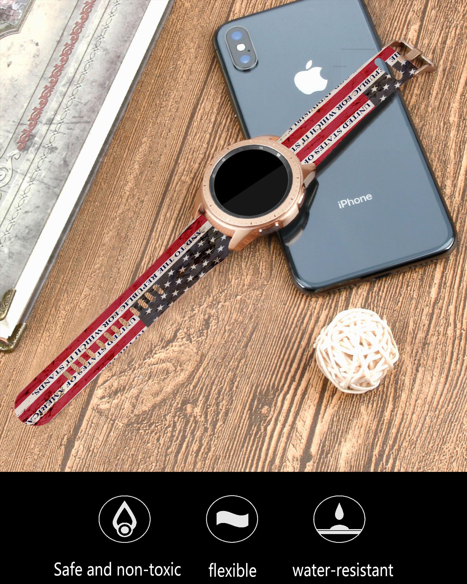 20mm Silicone Sport Bands Compatible with Galaxy Watch 6/Watch 5/Galaxy Watch 4 40mm 44mm/Classic 42mm 46mm/Watch 3 41mm, Cute Replacement Strap for Women(American Patriotic Pledge of Allegiance)