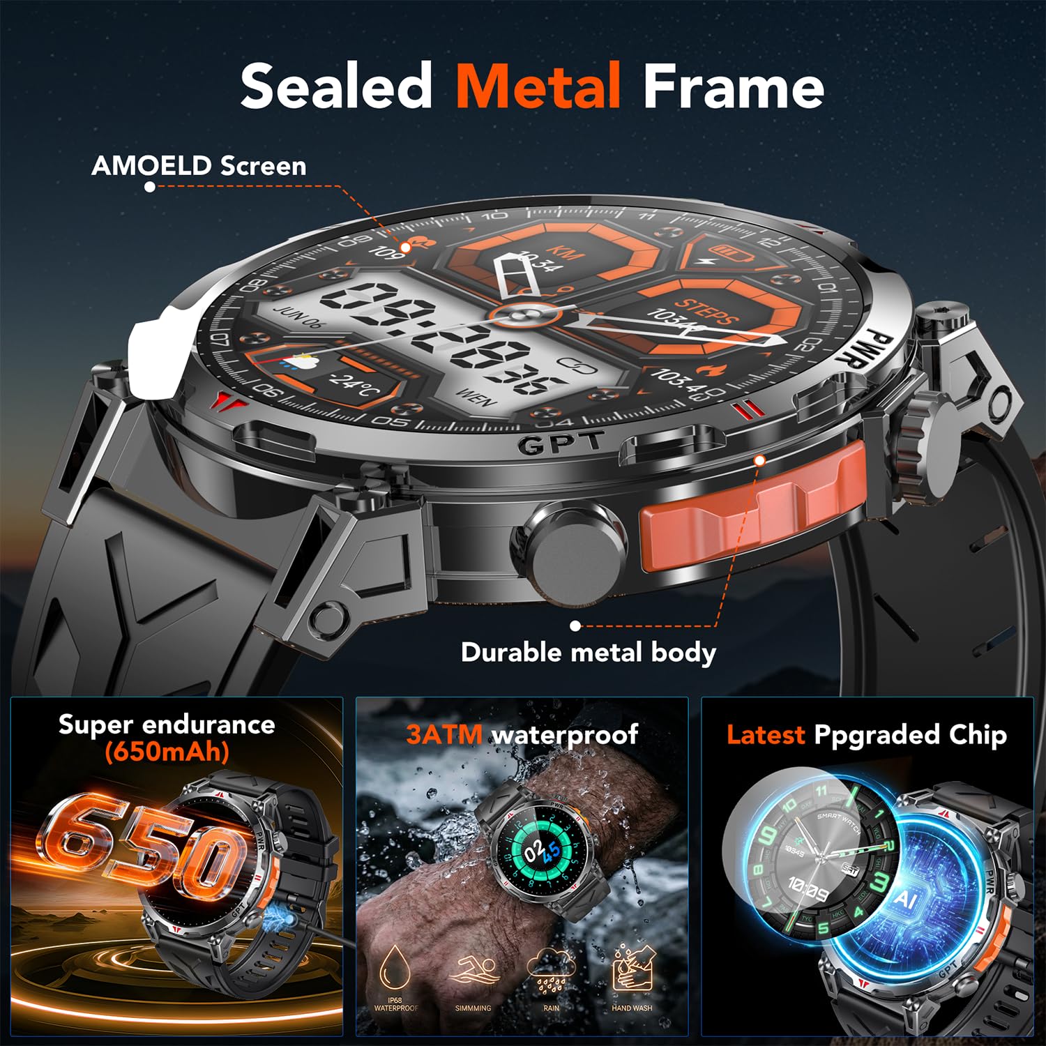 Orologio Smartwatch Uomo con GPS Sport: 1.7" AMOLED Orologi Intelligenti con GPT Effettua Risposta Chiamate 107 Modalità Sportive 3 ATM Pressione Sanguigna Frequenza Cardiaca Compatibile Android e iOS