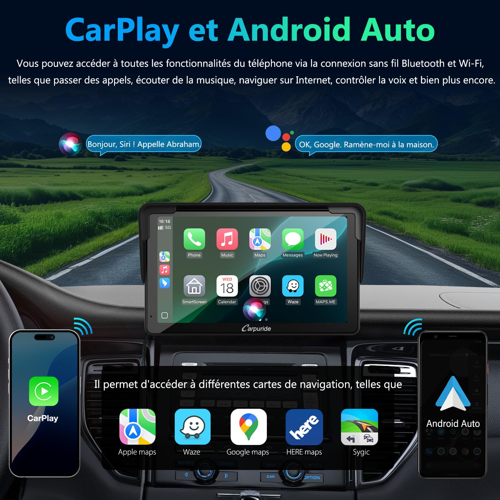 Carpuride Autoradio Portable sans Fil Carplay et Android Auto, 7 Pouces écran Tactile HD 1080p de avec BT 5.0, Support de Liaison Miroir pour Camion, véhicule récréatif