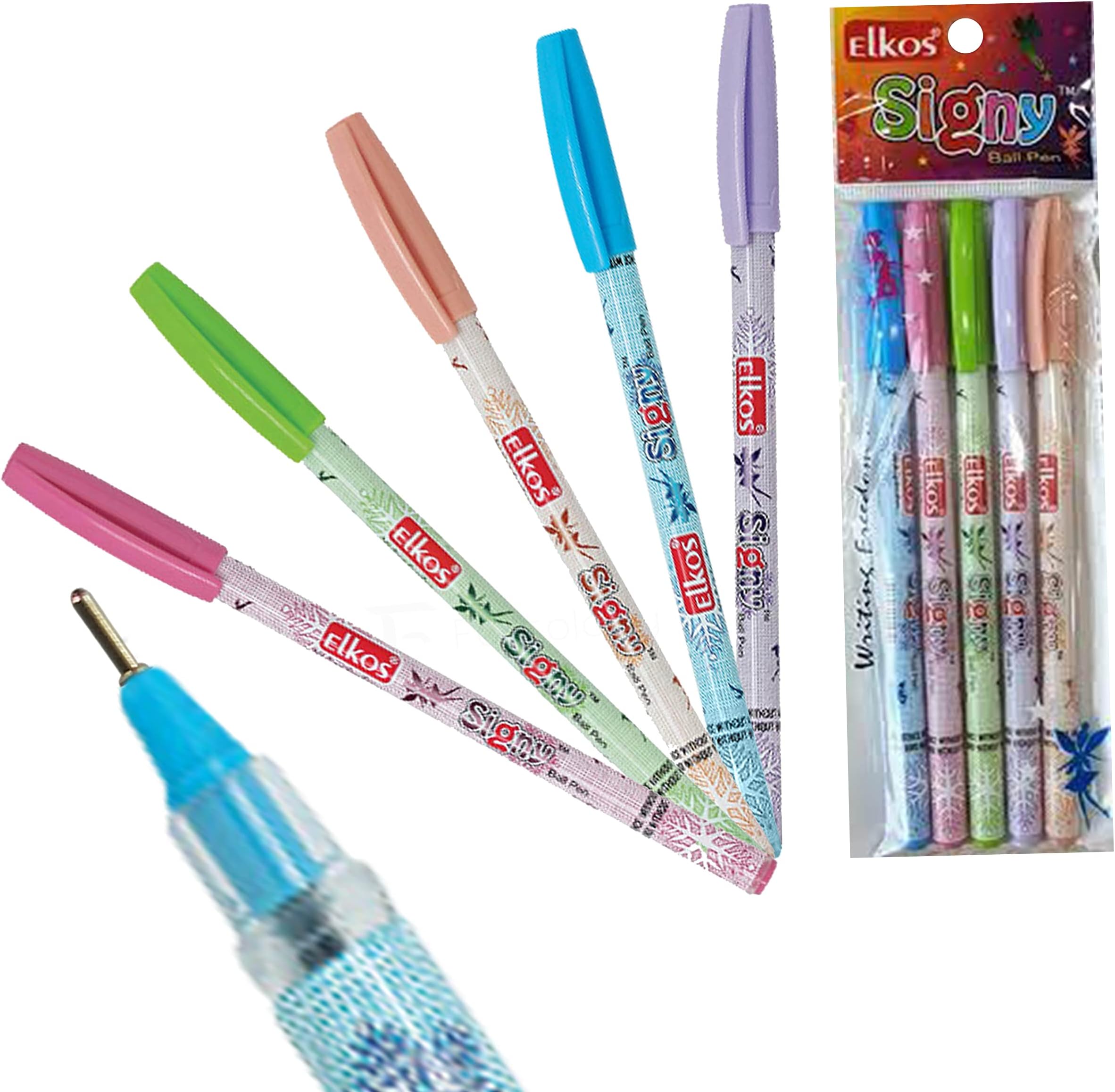ELKOS SignST Ballpoint Pens, BLUE, 0.7mm Fine Point, Pack of 5, Smooth Writing Ball Pens, Perfect School Office Home Pens, PATEL Black Ball Pen
