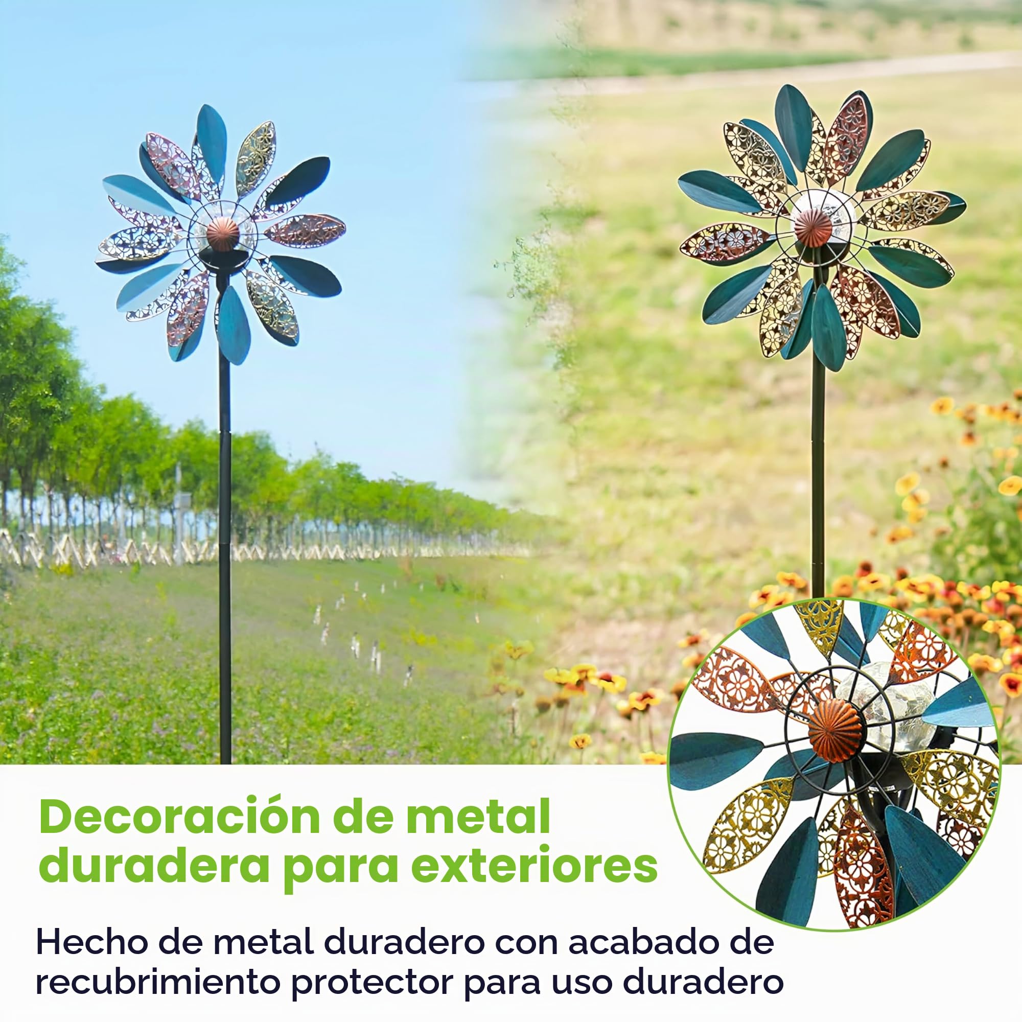 Solar Wind Spinner Arabesque de 75 pulgadas multicolor con iluminación LED Solar Powered bola de vidrio con hilandero cinético de doble dirección para patio césped y jardín, fácil de montar