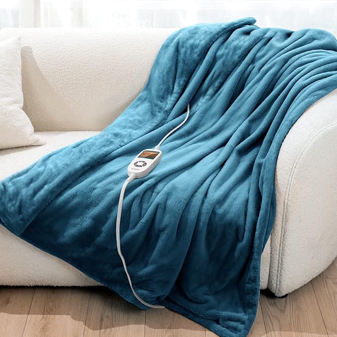Review iDOO Heated Blanket Throw, 10 Heating Levels & 1-10 Hours Auto Off Electric Blanket, Ultra Soft Double-Side Flannel, Fast Heating Blanket 50″x 60″, ETL Certified, HD Display, Gifts for Women, Teal