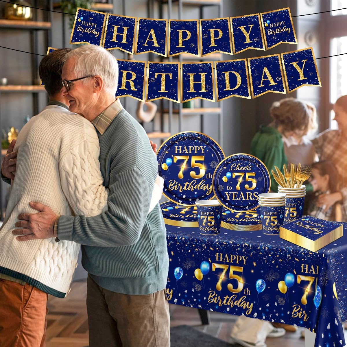 75th Birthday Decoration Men-142pcs Navy Blue and Gold Birthday Tableware Set(Serve for 20) Include Happy 75th Birthday Banner Plates Cups Napkins Tablecloth for Men 75th Birthday Party Supplies( (75)