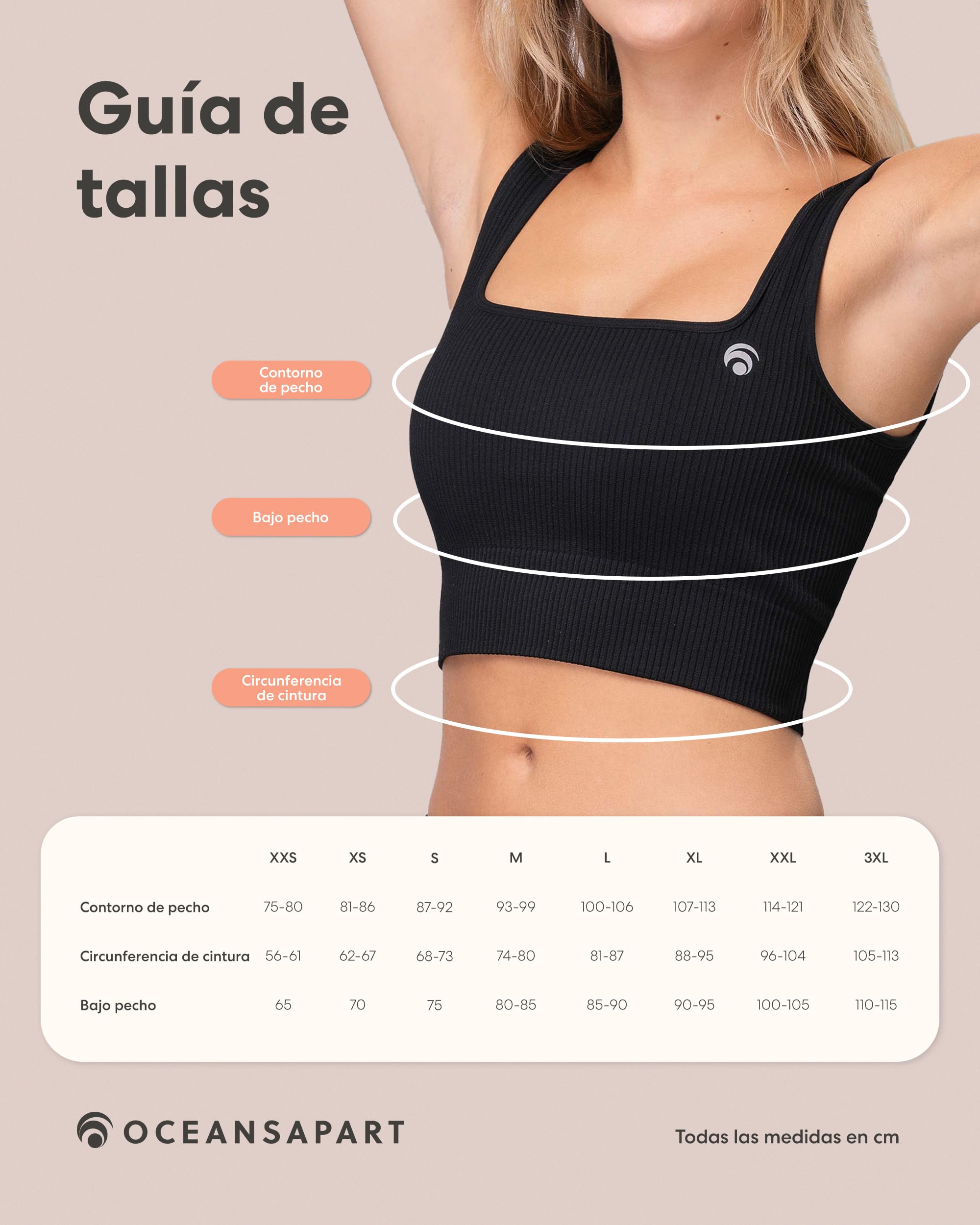 Oceansapart Sydney Sujetador Deportivo Mujer Sin Costuras - Top Deportivo Mujer con Escote Cuadrado - Sujetador Sin Aros con Relleno para Yoga, Fitness, Pilates Tallas XXS-XXL