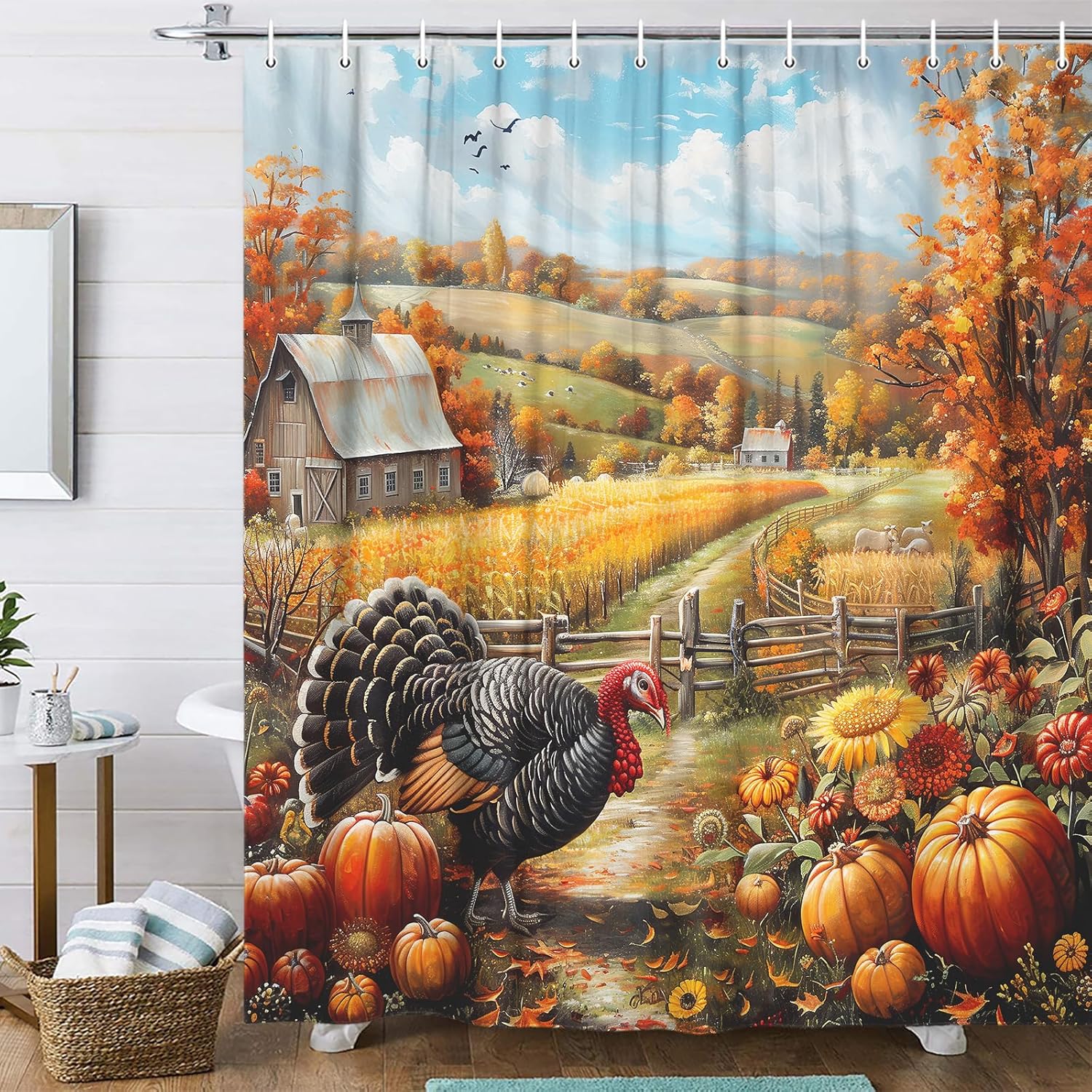 Fall Thanksgiving Day Shower Curtain, Autumn Pumpkin Farmhouse Turkey Shower Curtain Bathroom, Fall Country Fields Harvest Art Shower Curtain Set with 12PCS Hooks, 70X75IN