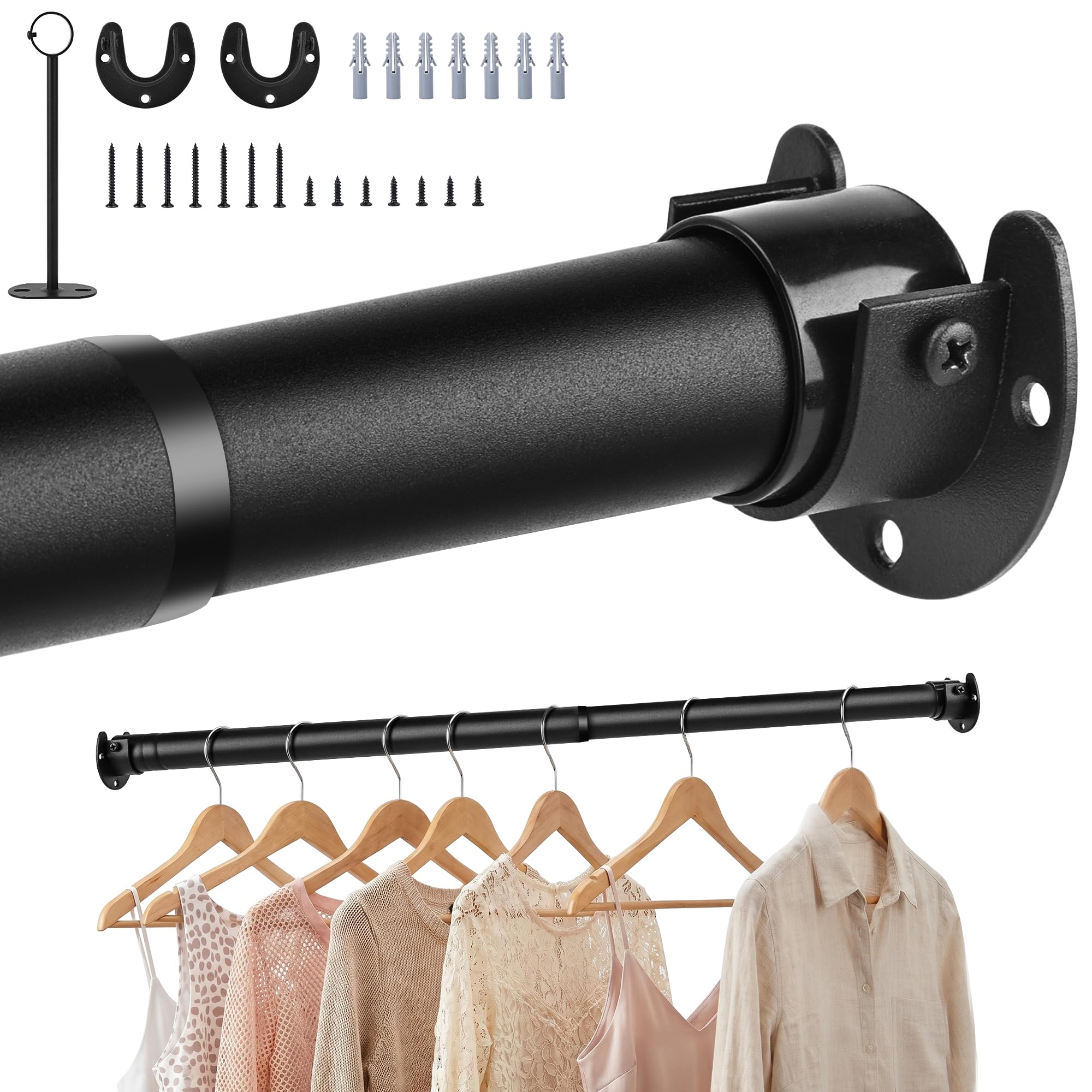 Wardrobe Rail,Extendable Clothes Rails, Stainless Steel adjustable wardrobe pole with Fixing Sockets and Screws for Wardrobe and Cupboard, Closet,Cloakroom, Black, 43-249cm(Diameter 32mm)
